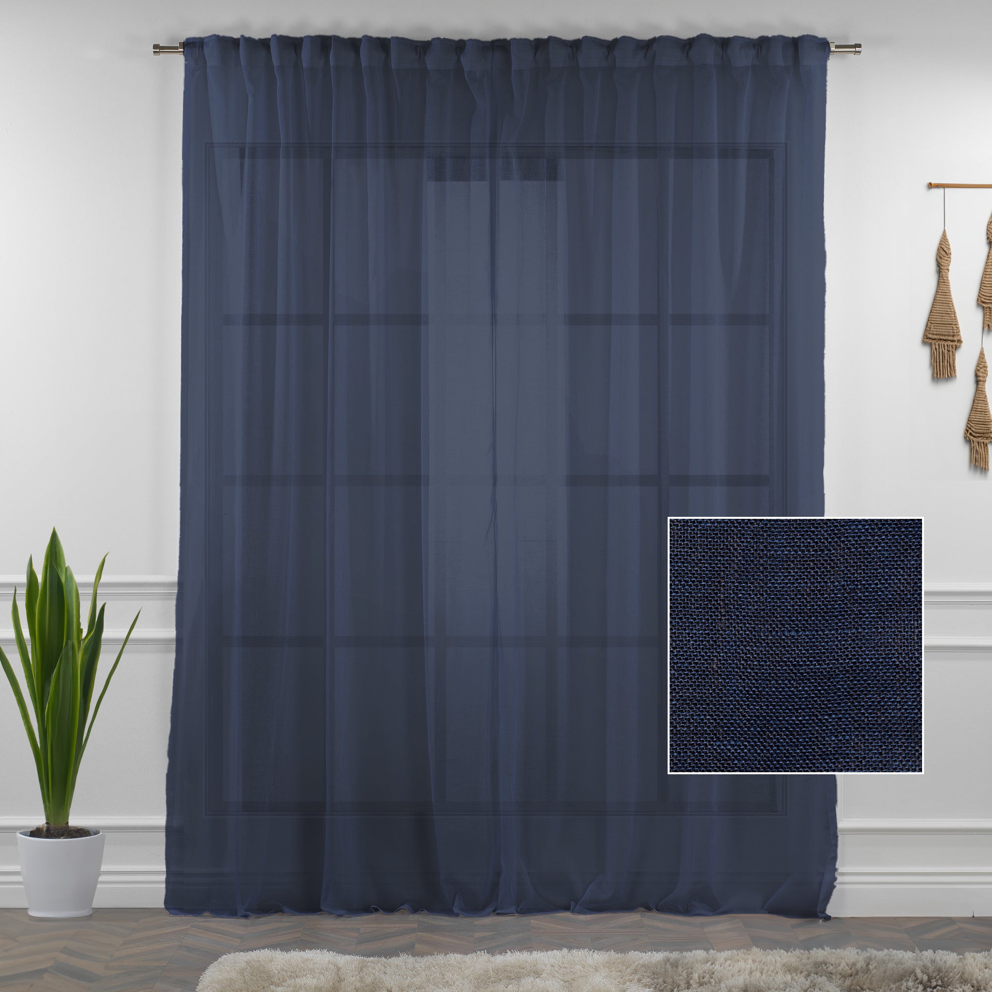 Sheer 100% Linen Curtain Single Panel - Navy