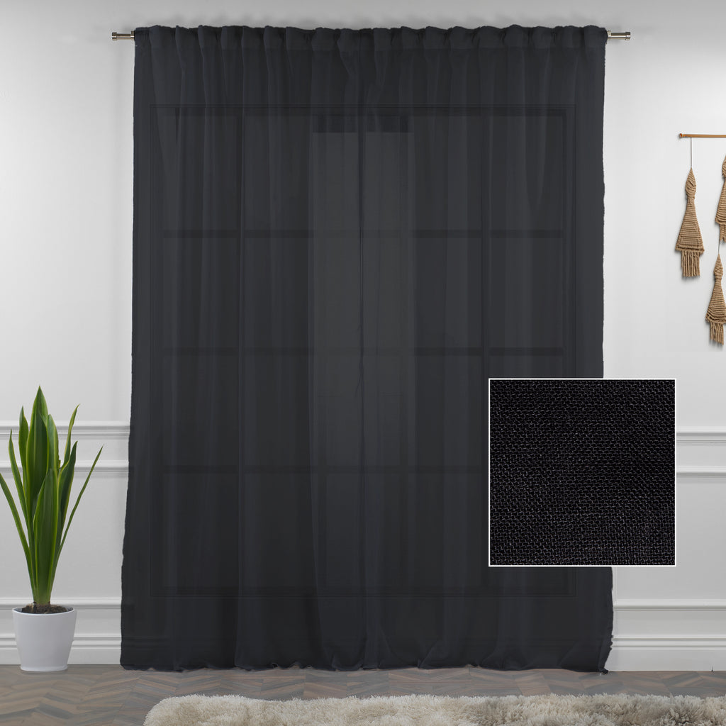 Sheer 100% Linen Curtain Single Panel - Black