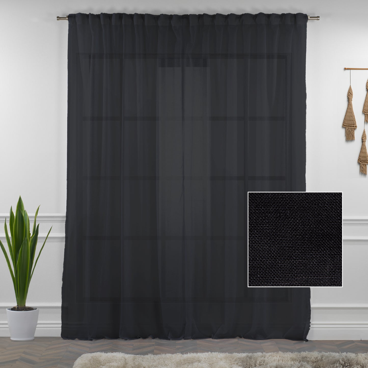 Sheer 100% Linen Curtain Single Panel - Black