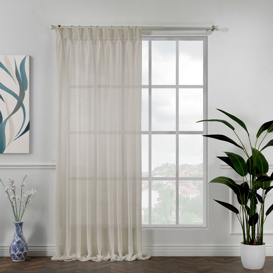 Semi sheer linen texture pinch pleated curtains, semi sheer linen look curtains, 100% polyester curtains, pinch pleat curtains, linen look drapes, light filtering curtains, decorative window panels, elegant window treatments, living room curtains, bedroom curtains, dining room curtains, nursery curtains, custom size curtains, custom drapes, privacy curtains, modern home decor, textured curtains, farmhouse curtains, stylish curtain panels, home furnishings