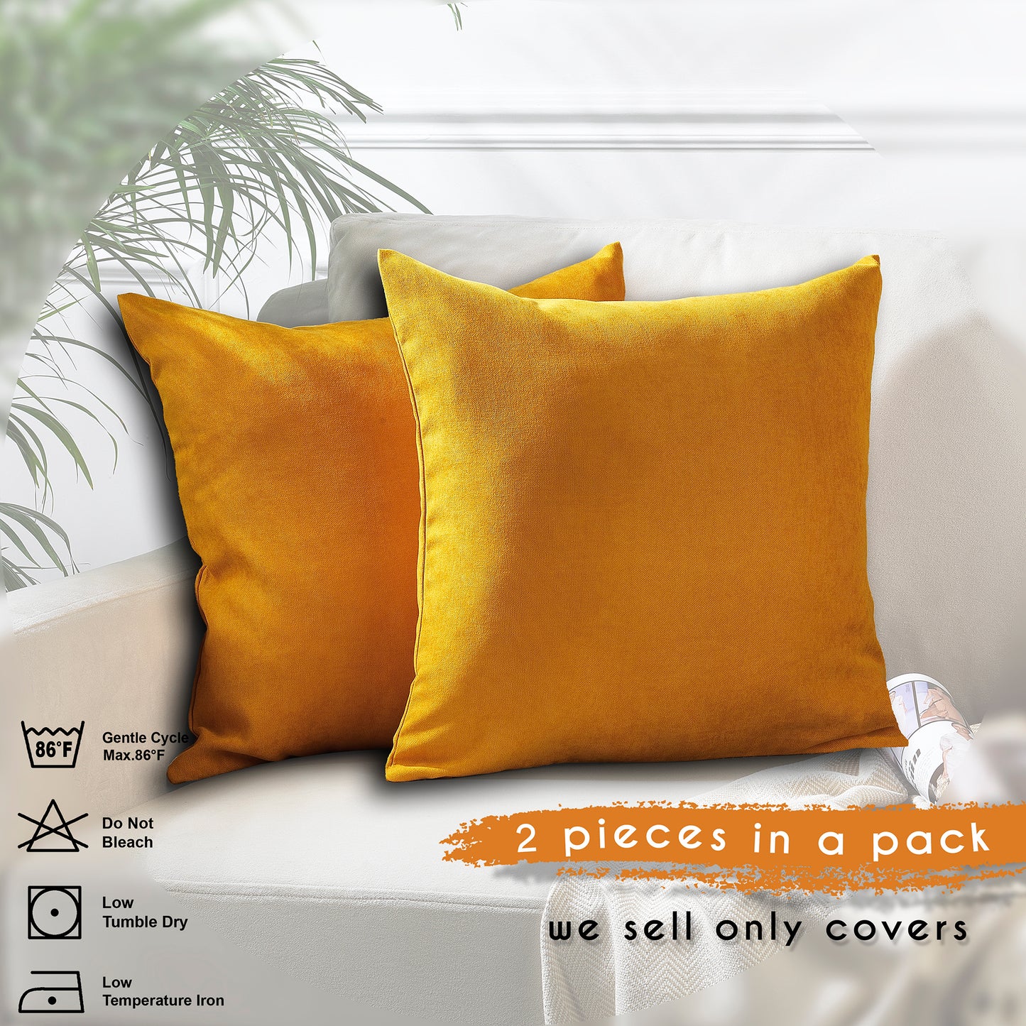 Decorative Cushion Covers Set of 2 Hidden Zipper - Mustard Yellow