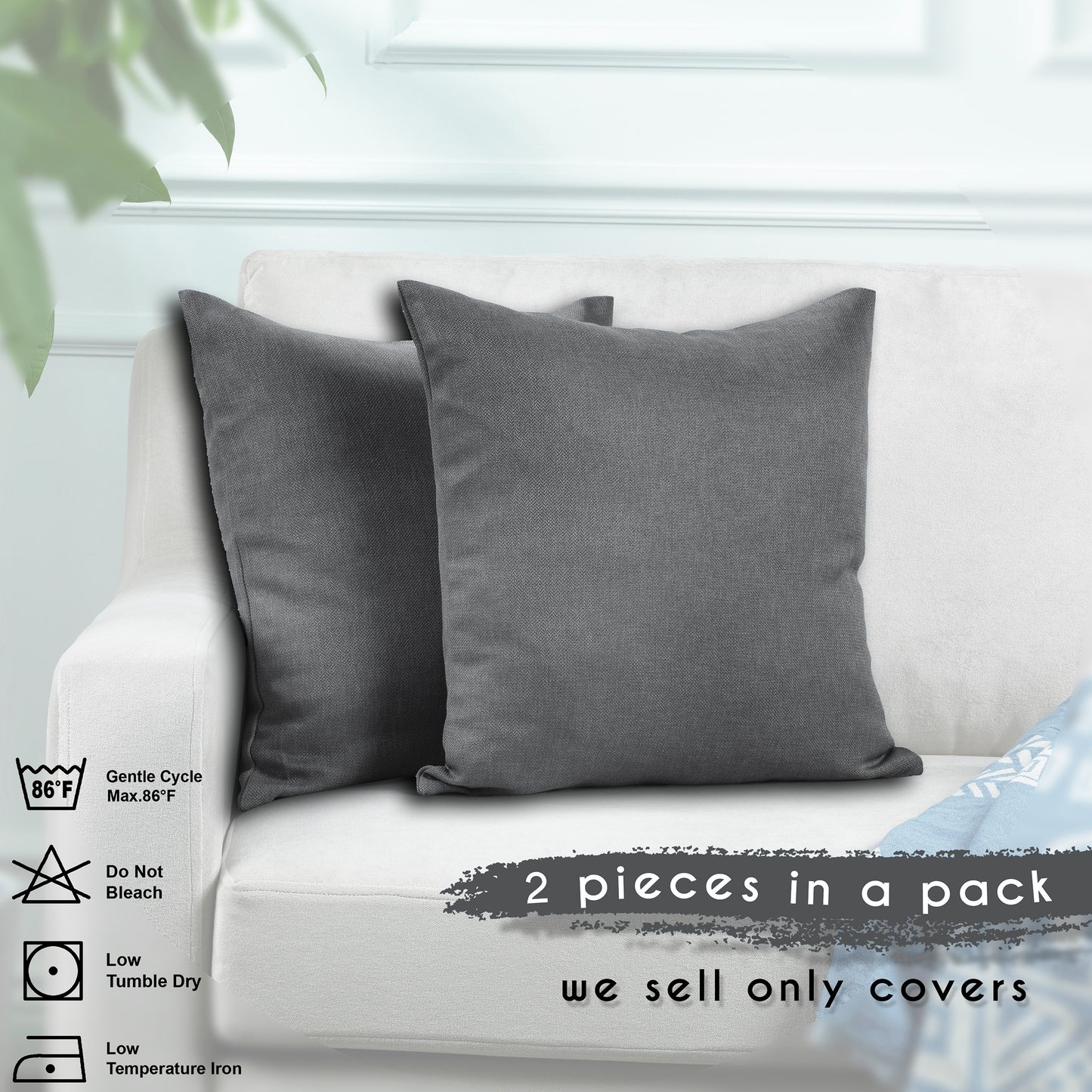 Linen Texture Cushion Covers Set of 2 Hidden Zipper - Light Grey