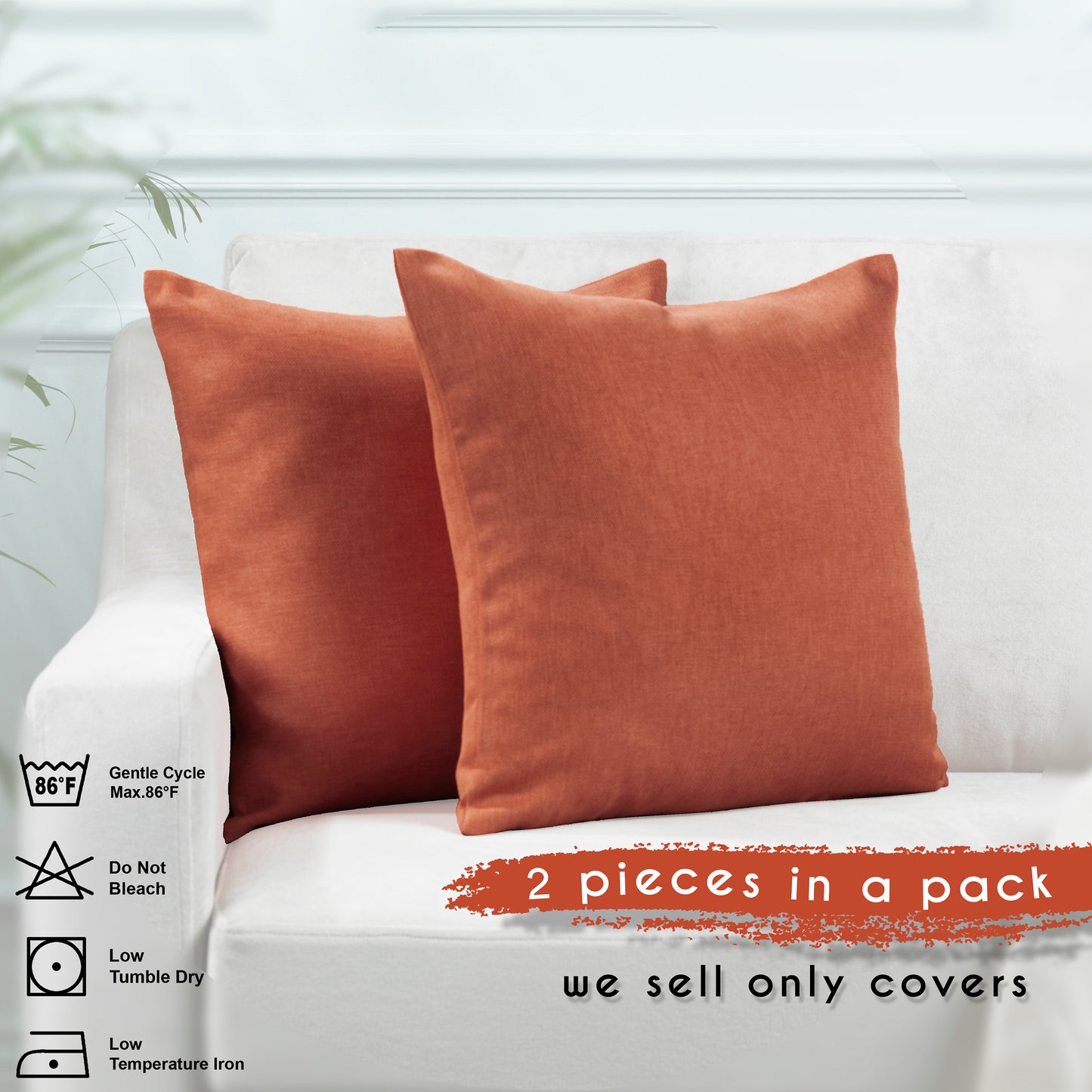 Linen Texture Cushion Covers Set of 2 Hidden Zipper - Brick