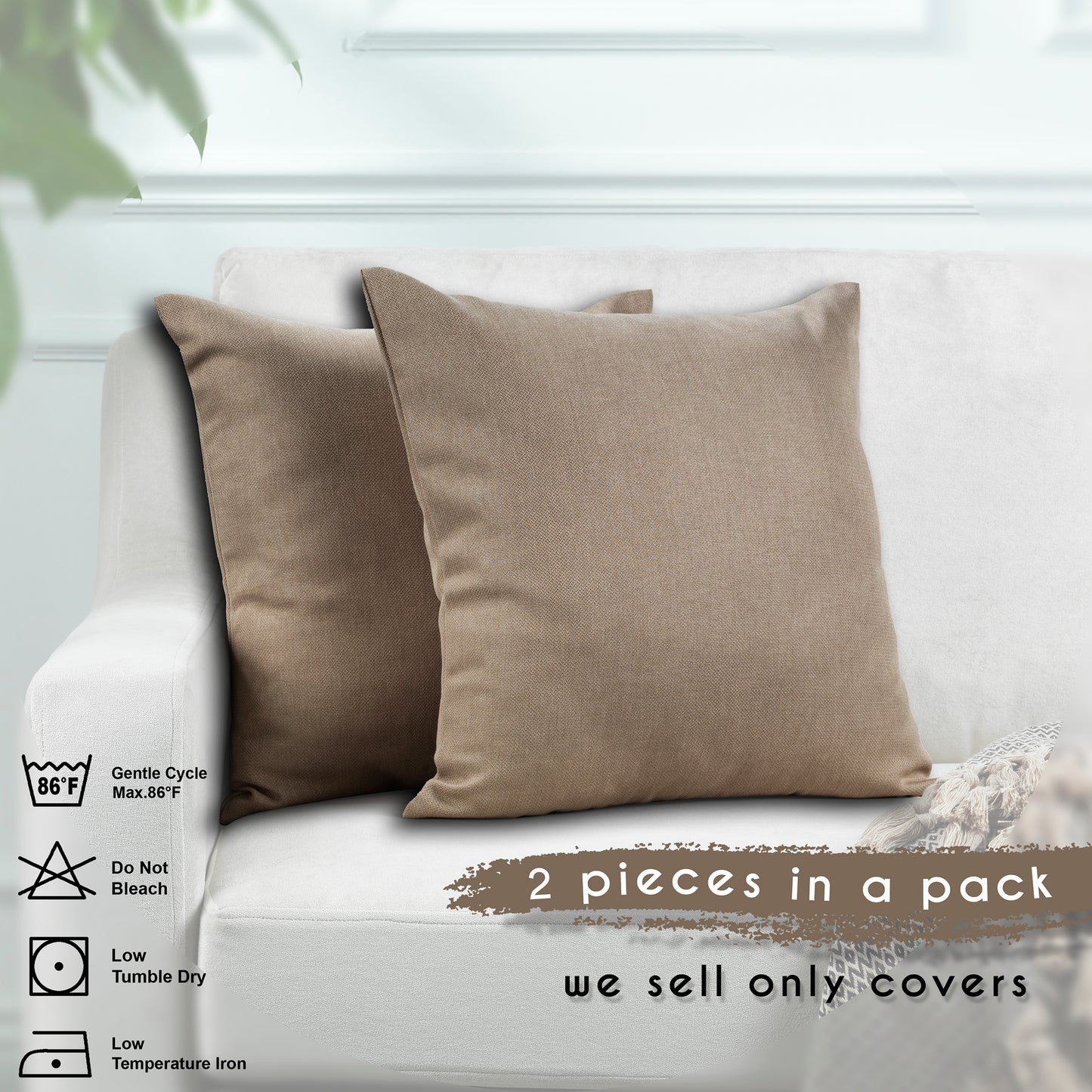 Linen Texture Cushion Covers Set of 2 Hidden Zipper - Barley