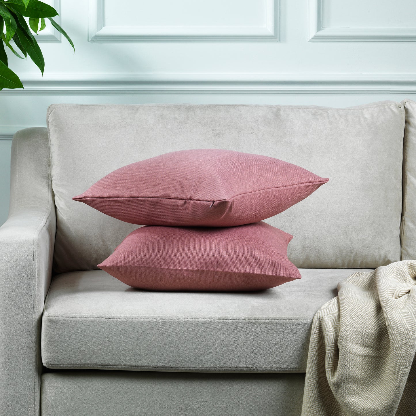 Linen Texture Cushion Covers Set of 2 Hidden Zipper - Rose Pink