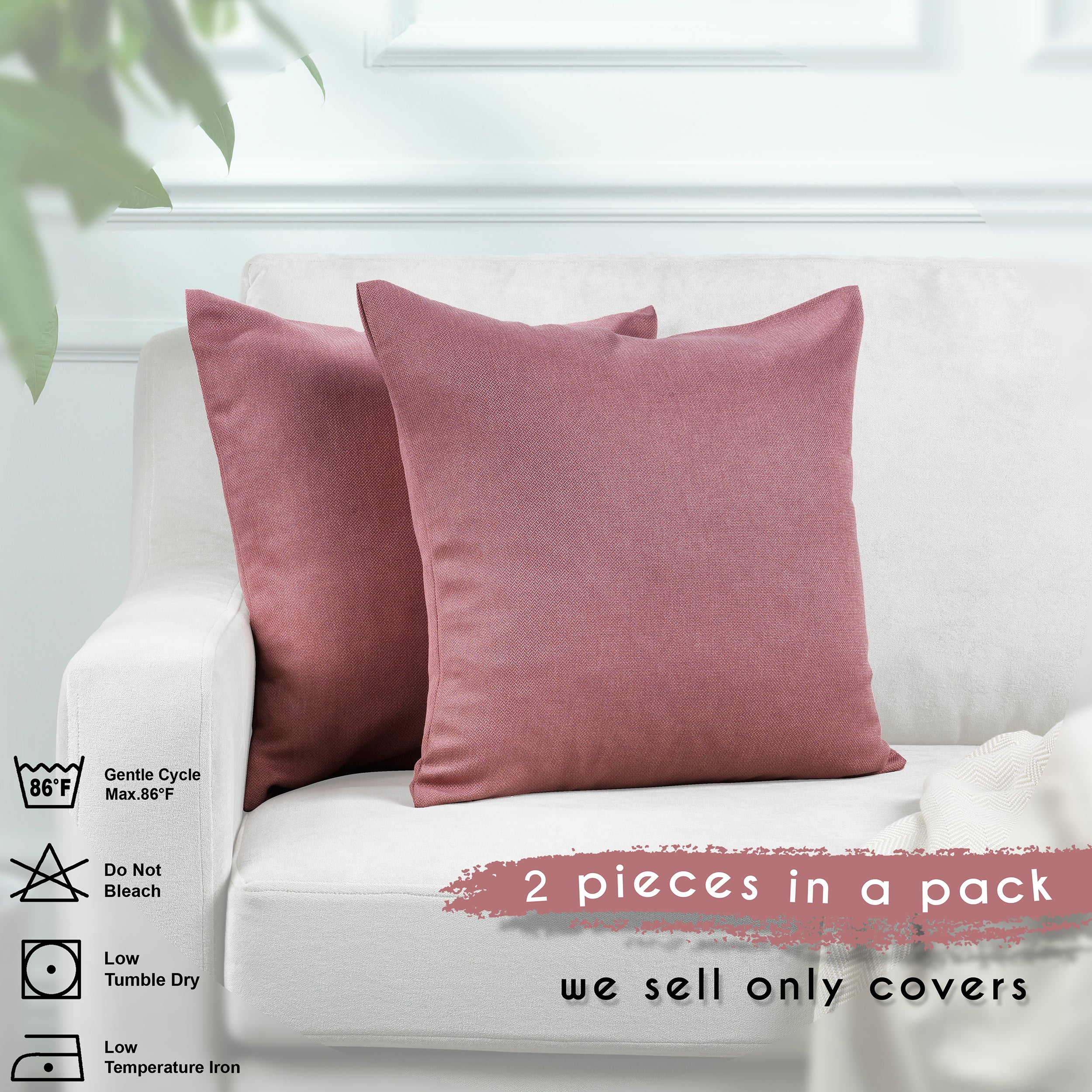 Linen Texture Cushion Covers Set of 2 Hidden Zipper - Rose Pink