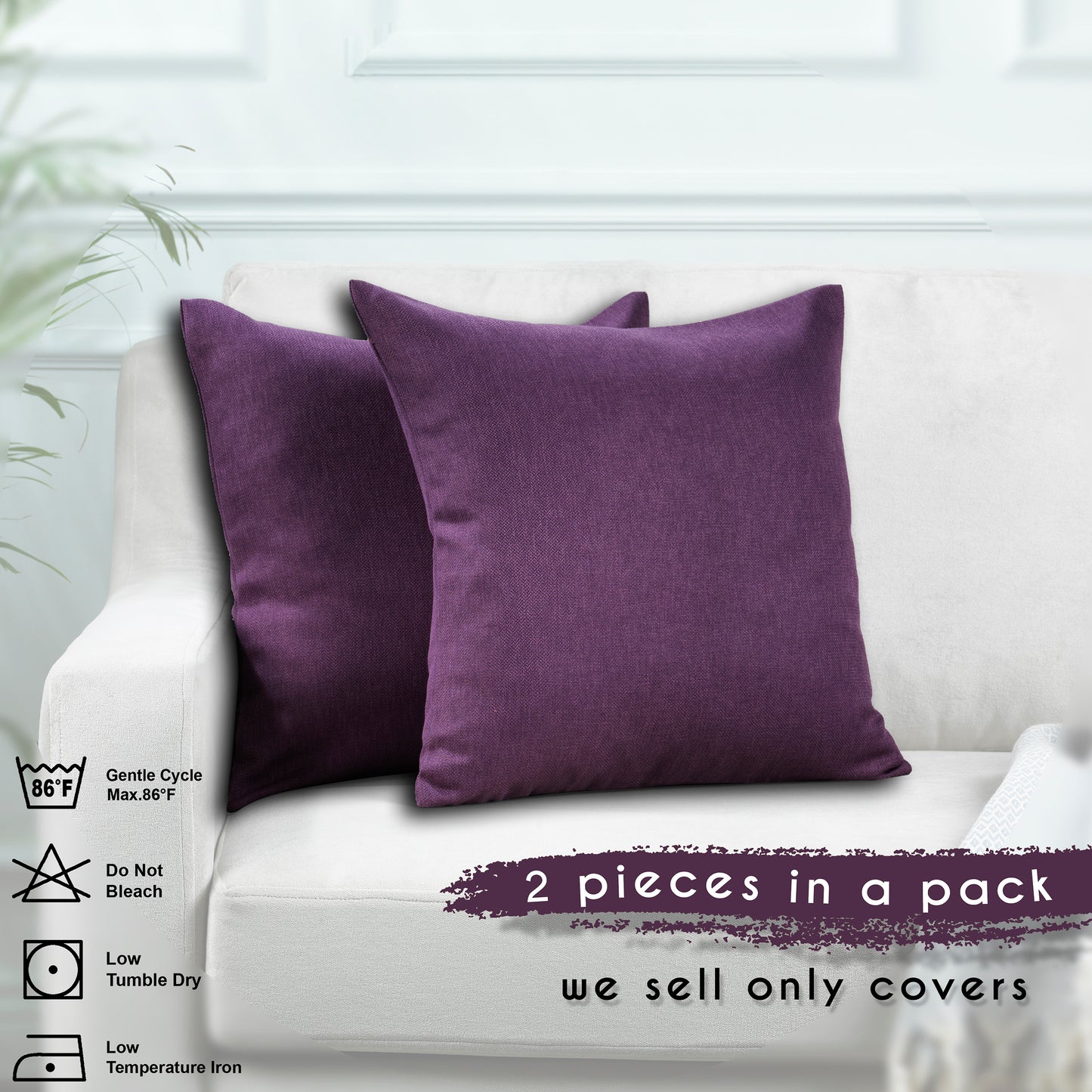 Linen Texture Cushion Covers Set of 2 Hidden Zipper - Purple