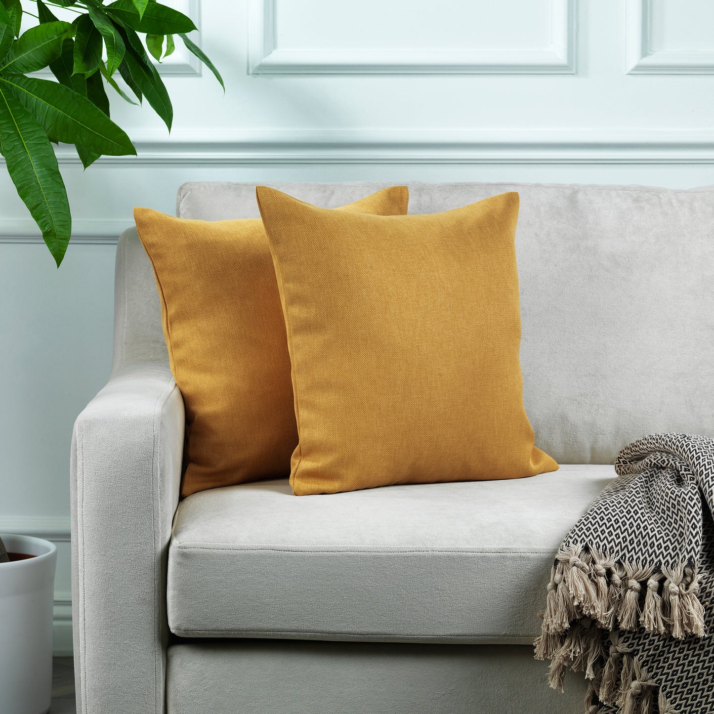 Linen Texture Cushion Covers Set of 2 Hidden Zipper - Mustard Yellow