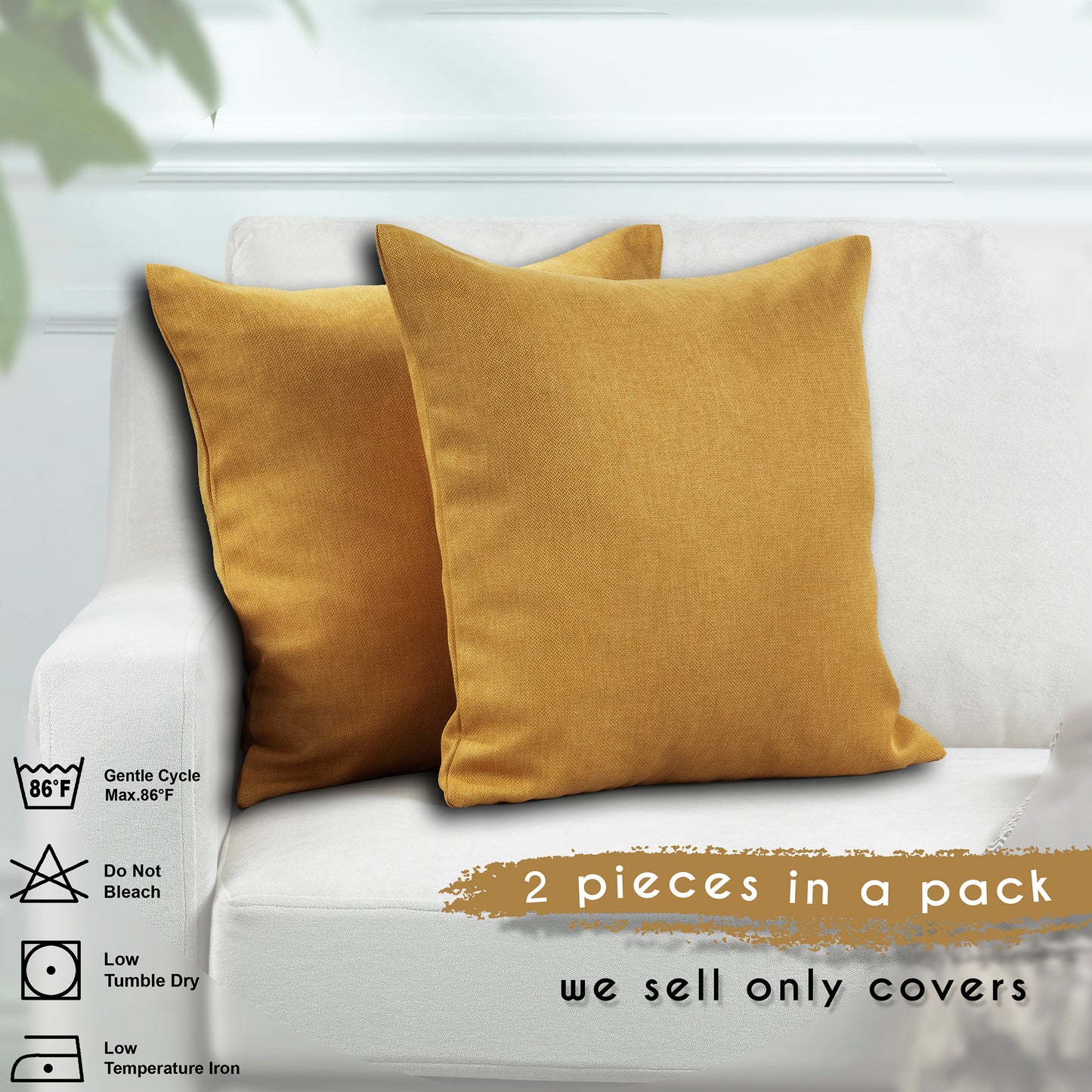 Linen Texture Cushion Covers Set of 2 Hidden Zipper - Mustard Yellow