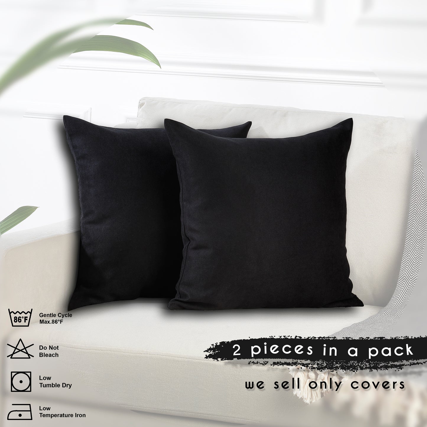 Decorative Cushion Covers Set of 2 Hidden Zipper - Black