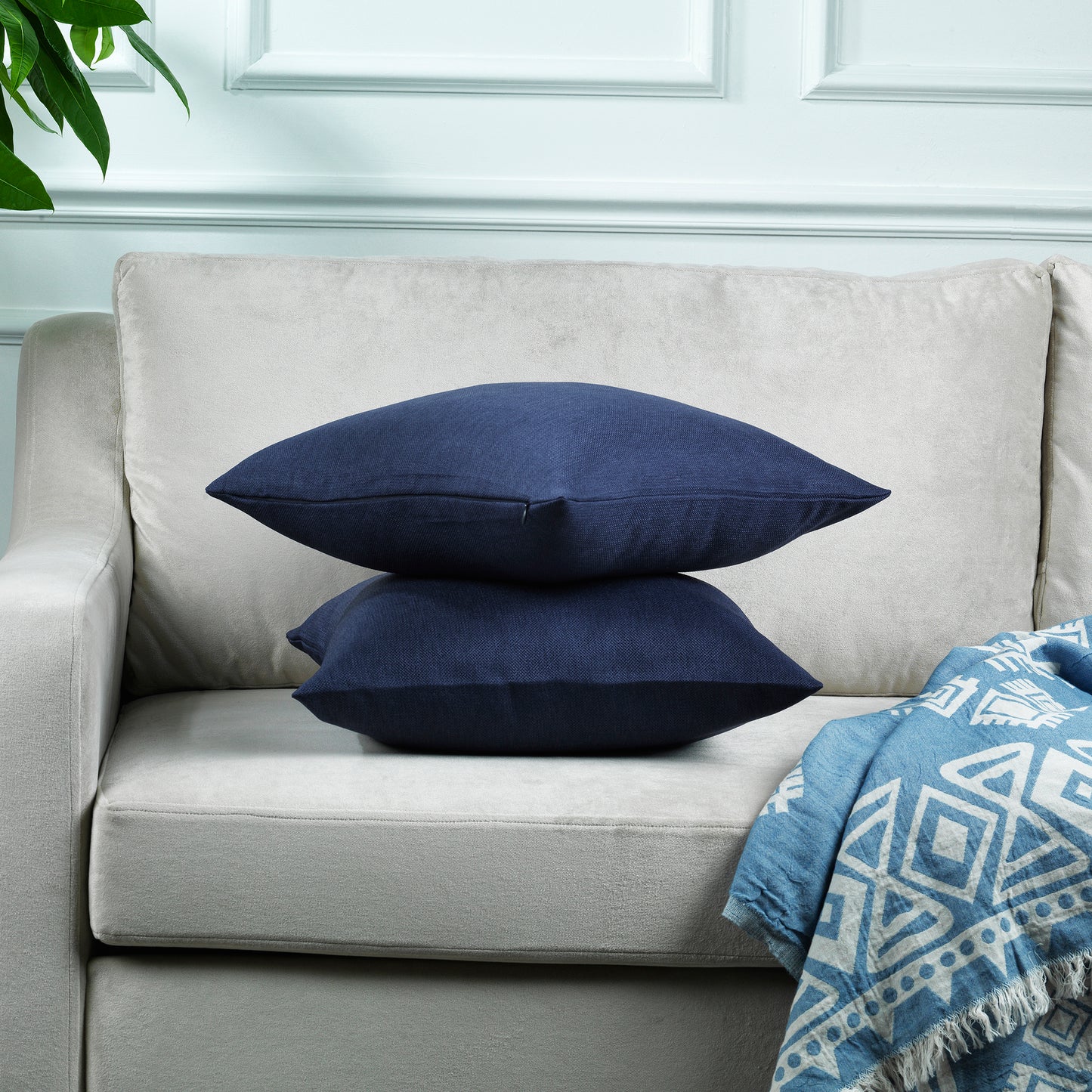 Linen Texture Cushion Covers Set of 2 Hidden Zipper - Navy Blue