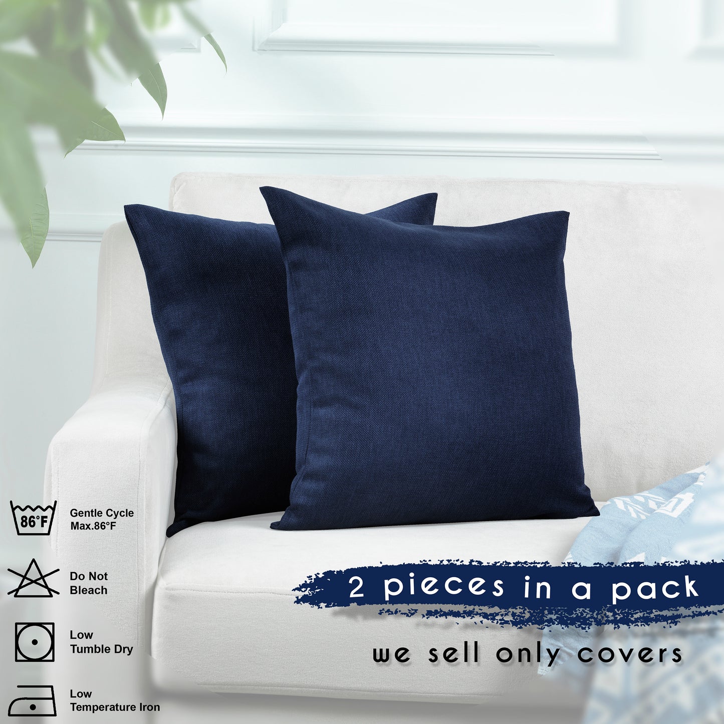 Linen Texture Cushion Covers Set of 2 Hidden Zipper - Navy Blue