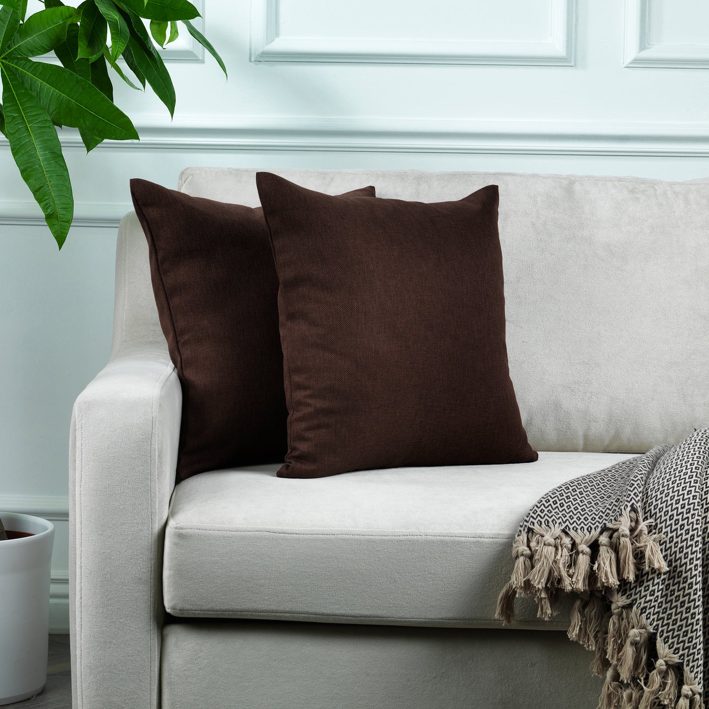 Linen Texture Cushion Covers Set of 2 Hidden Zipper - Brown