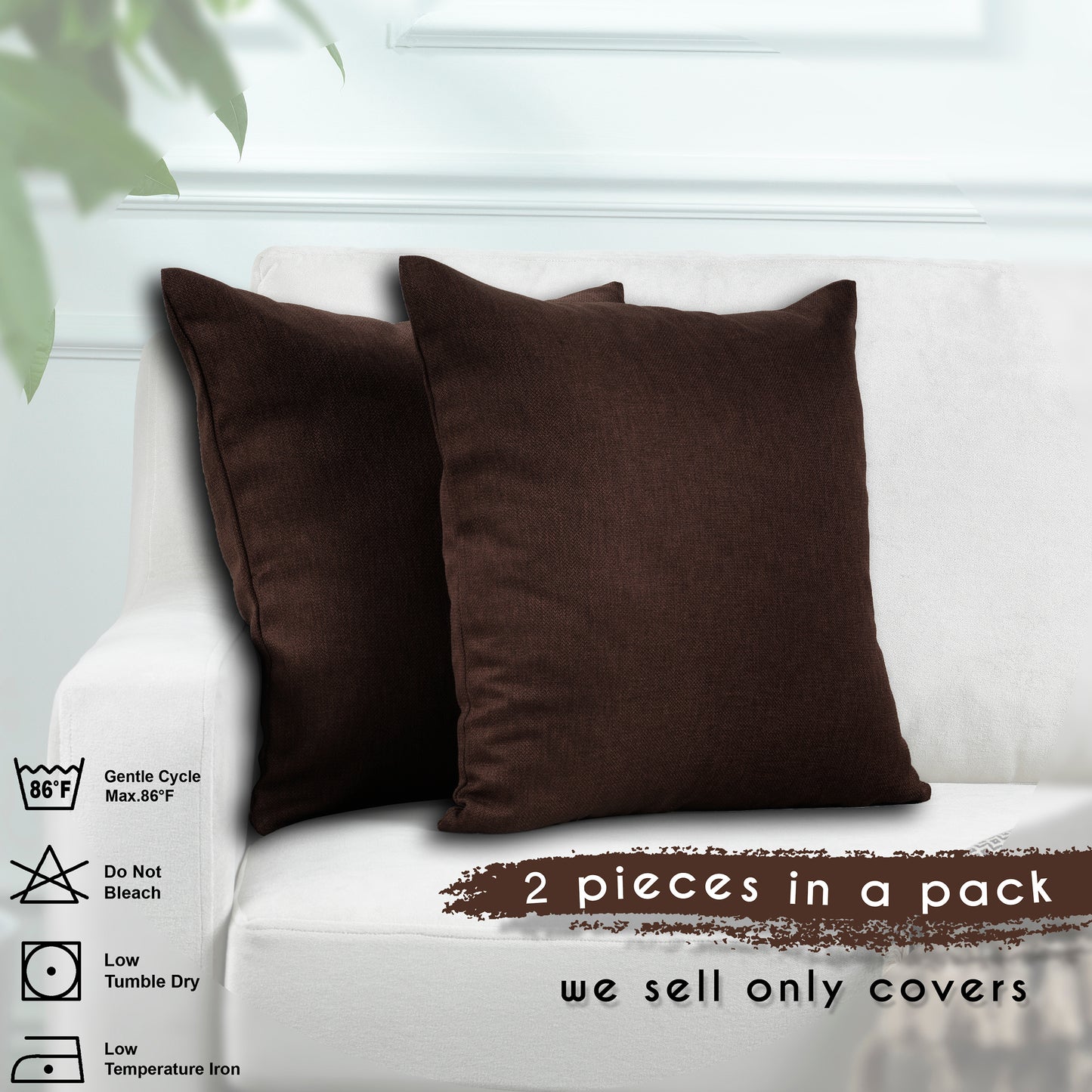 Linen Texture Cushion Covers Set of 2 Hidden Zipper - Brown