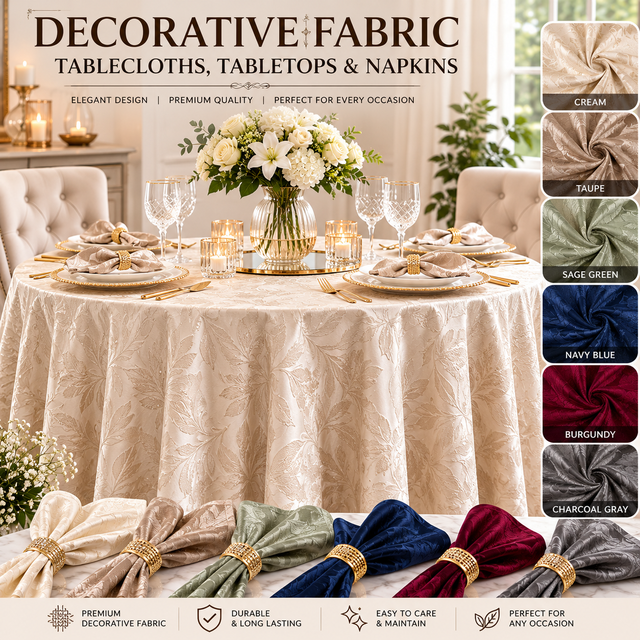 Decorative tablecloths, decorative tabletop covers, decorative napkins, table linens, dining tablecloth, elegant table décor, luxury table linens, wedding tablecloth, banquet table linens, party table decorations, holiday table setting, custom tablecloth, custom napkins, dining table accessories, restaurant table linens, event table décor, modern table linens, home dining décor, tabletop décor, fabric tablecloth