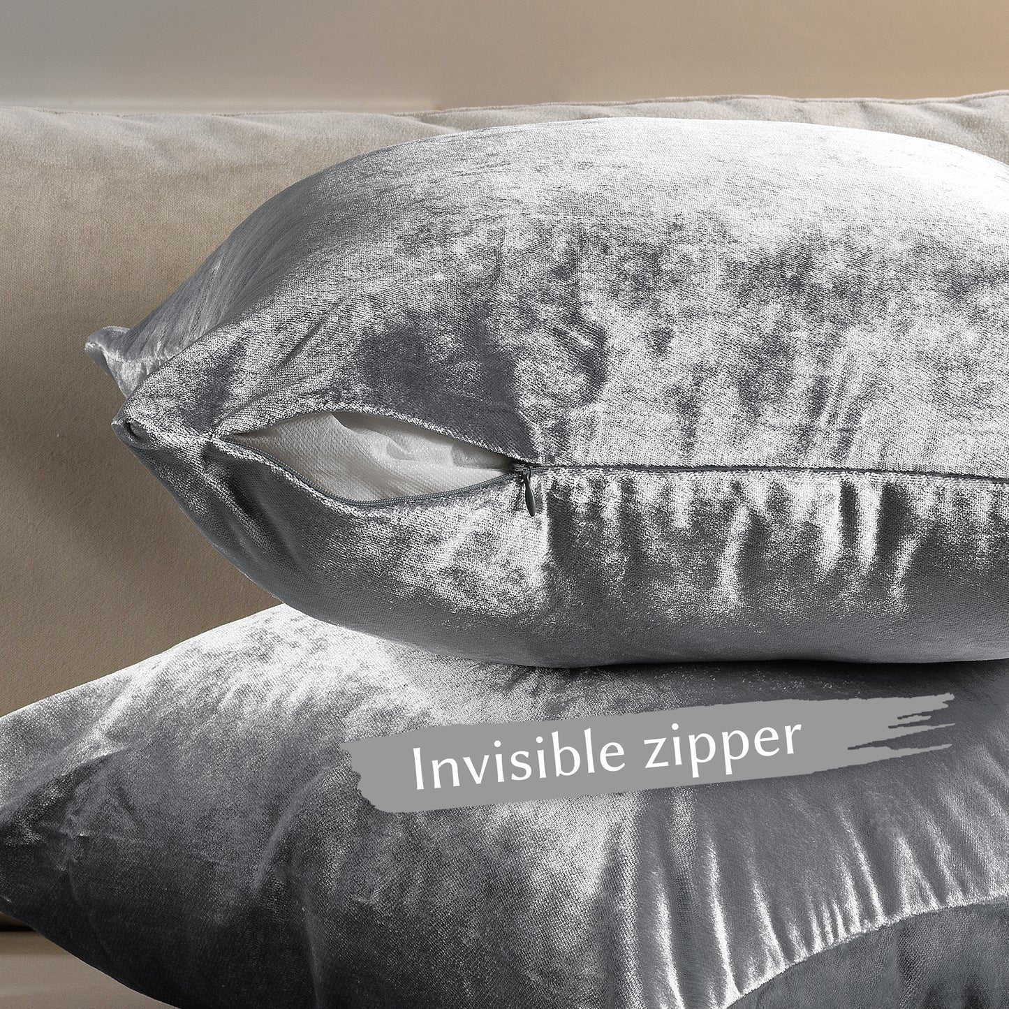 Shiny Velvet Cushion Covers Set of 2 Hidden Zipper - Silver