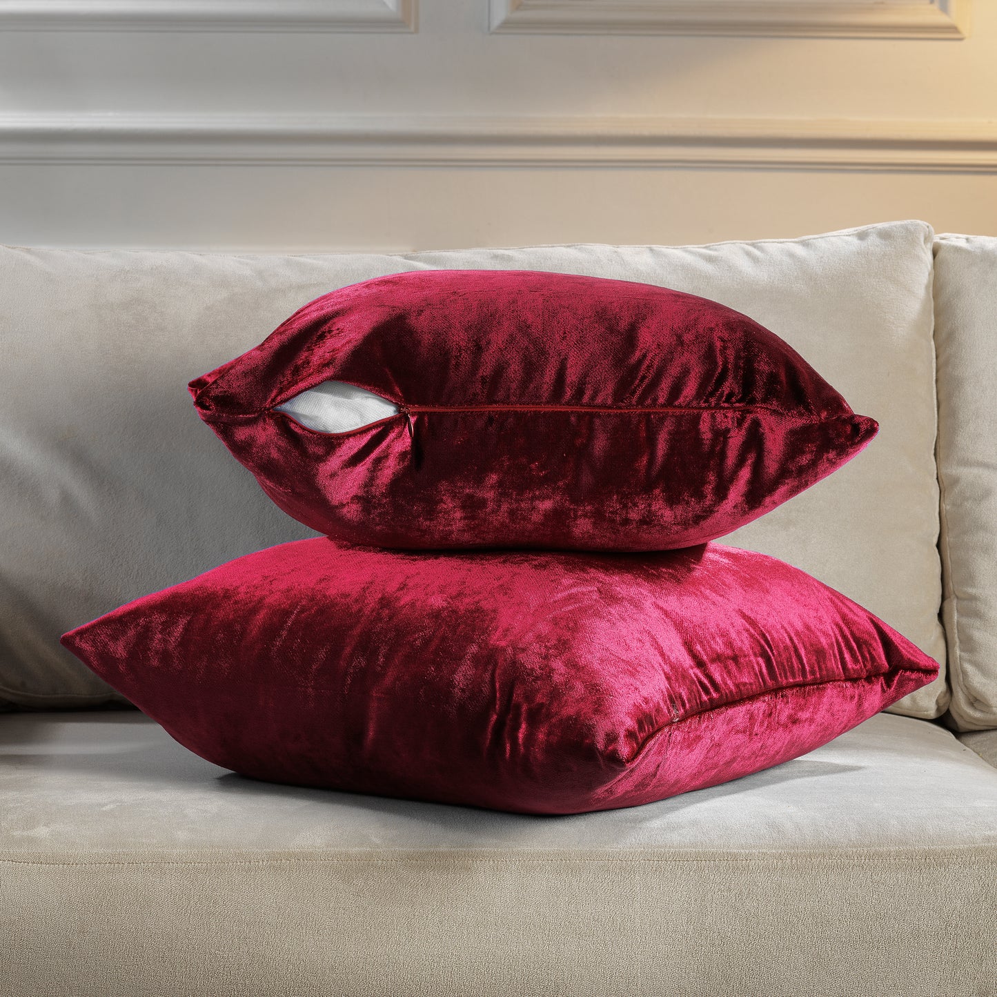 Shiny Velvet Cushion Covers Set of 2 Hidden Zipper - Ruby