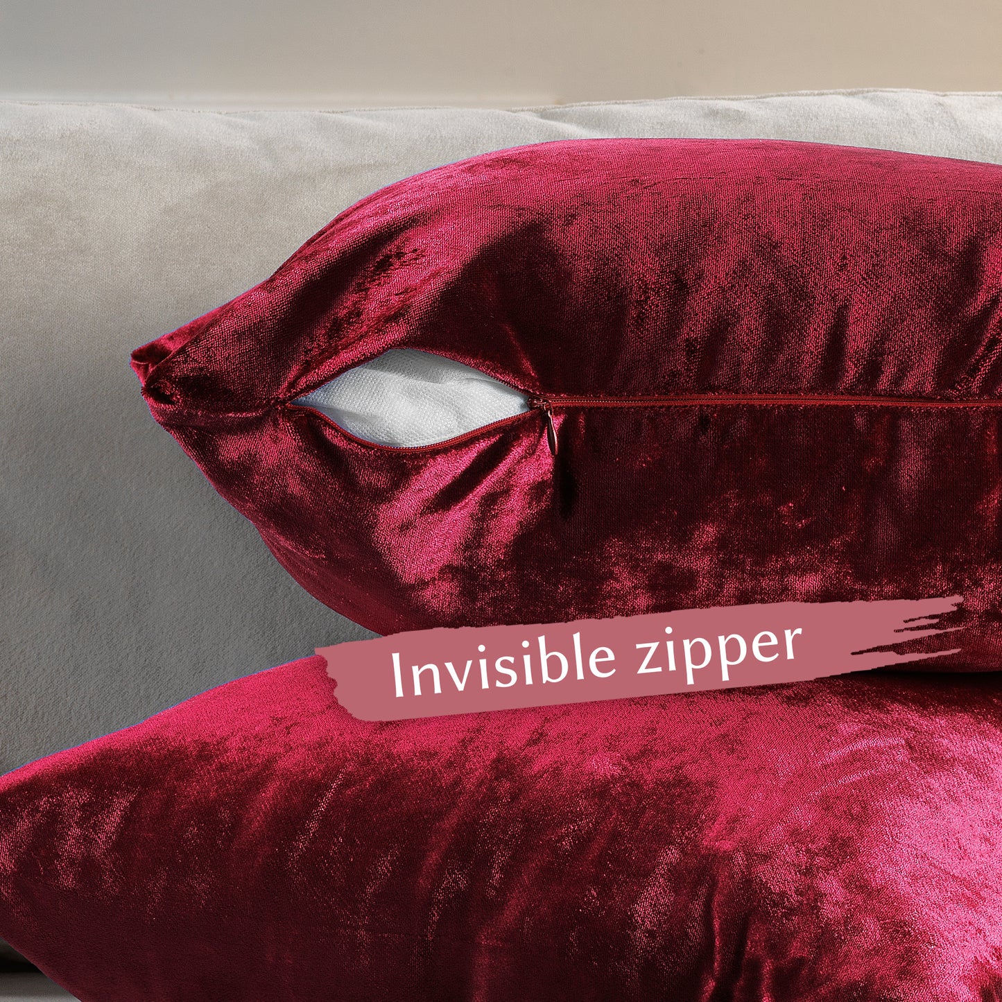 Shiny Velvet Cushion Covers Set of 2 Hidden Zipper - Ruby