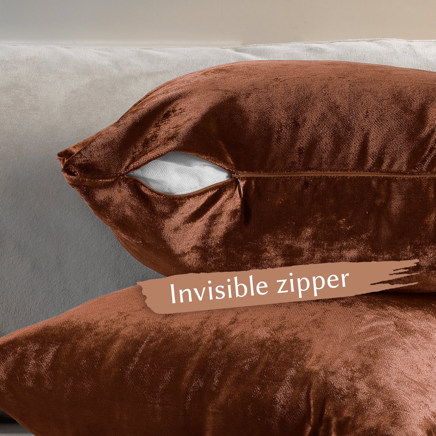 Shiny Velvet Cushion Covers Set of 2 Hidden Zipper - Burnt Orange