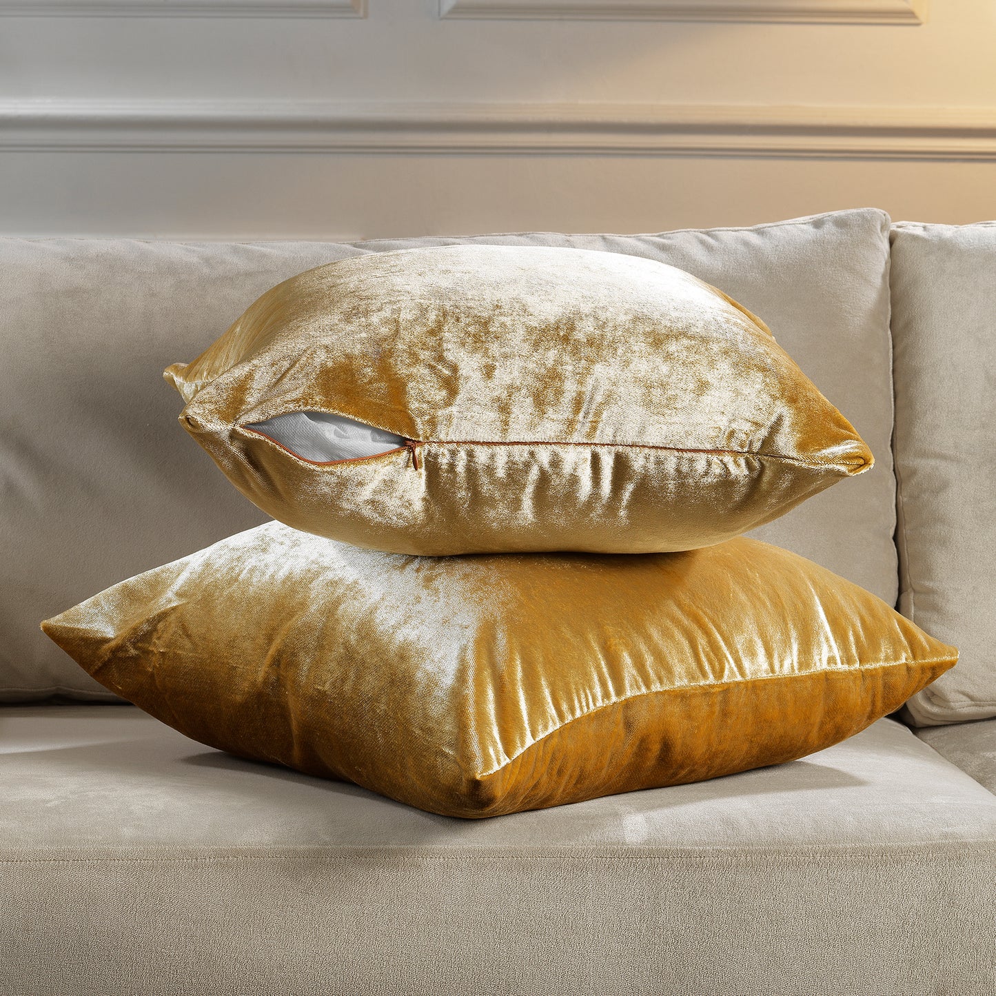 Shiny Velvet Cushion Covers Set of 2 Hidden Zipper - Marigold