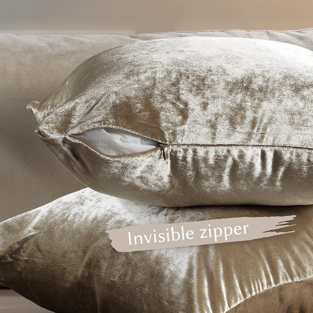 Shiny Velvet Cushion Covers Set of 2 Hidden Zipper - Beige