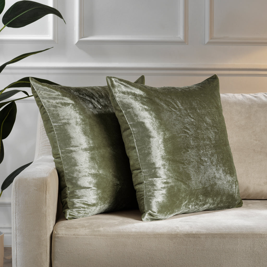 Shiny Velvet Cushion Covers Set of 2 Hidden Zipper - Olive Green