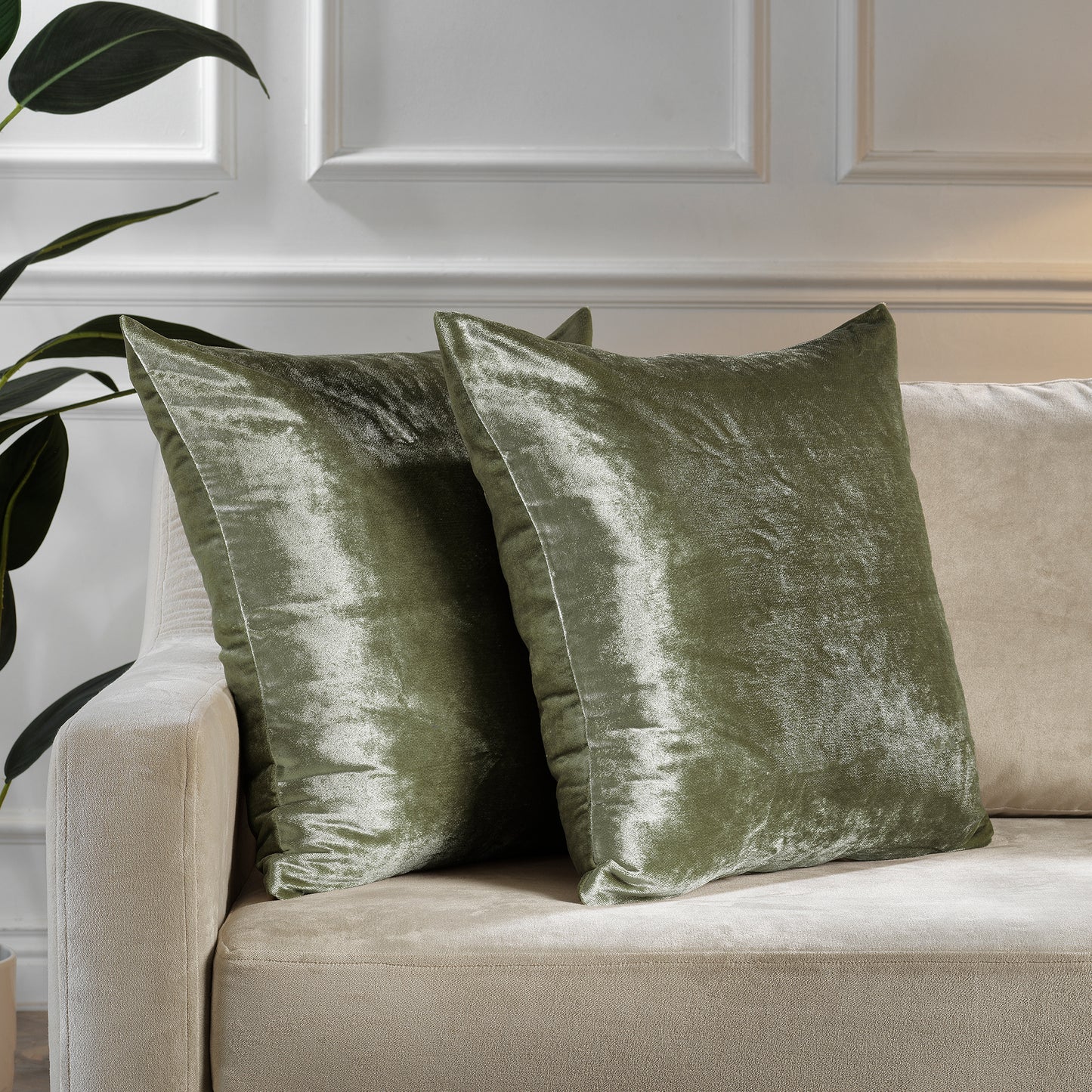 Shiny Velvet Cushion Covers Set of 2 Hidden Zipper - Olive Green