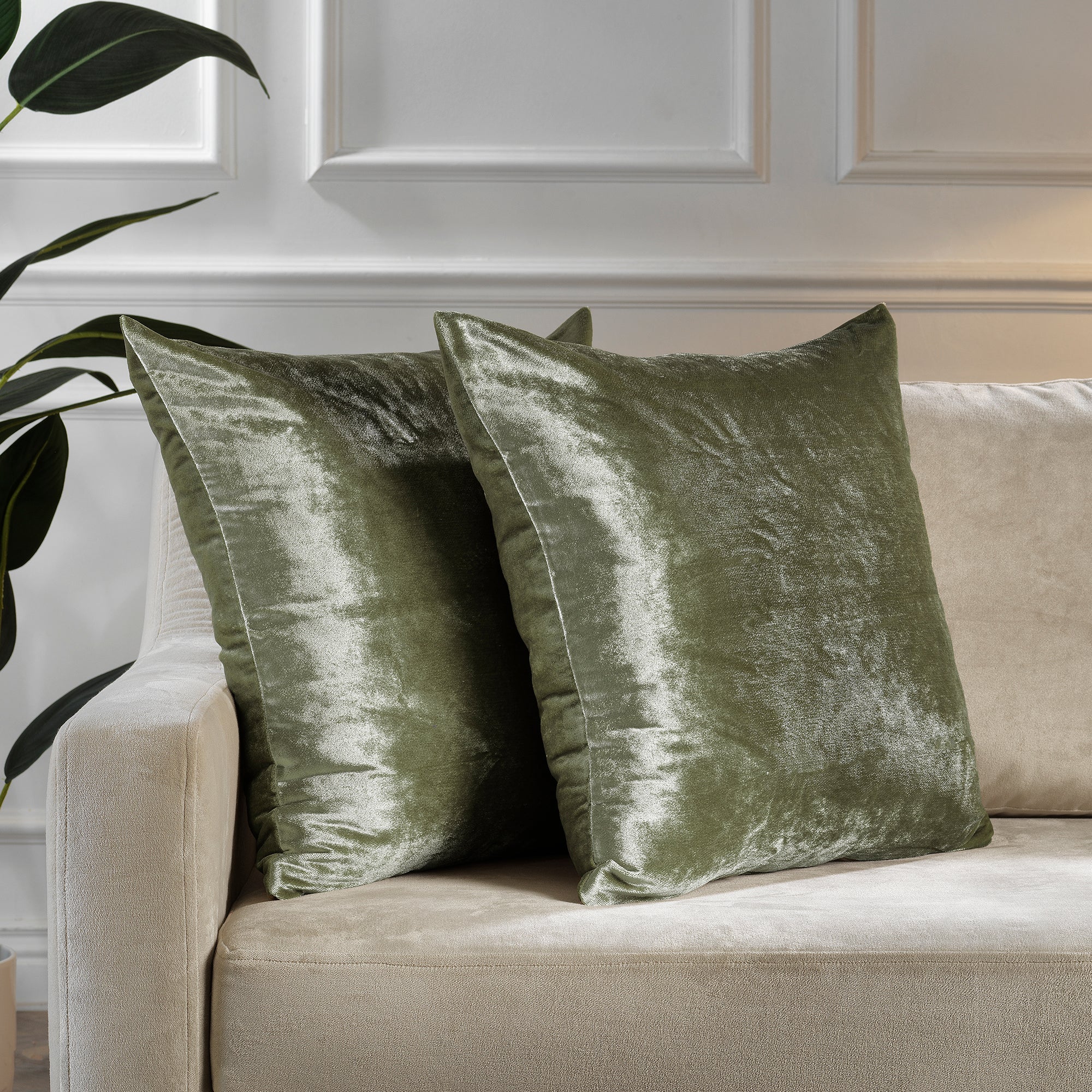 Shiny Velvet Cushion Covers Set of 2 Hidden Zipper - Olive Green