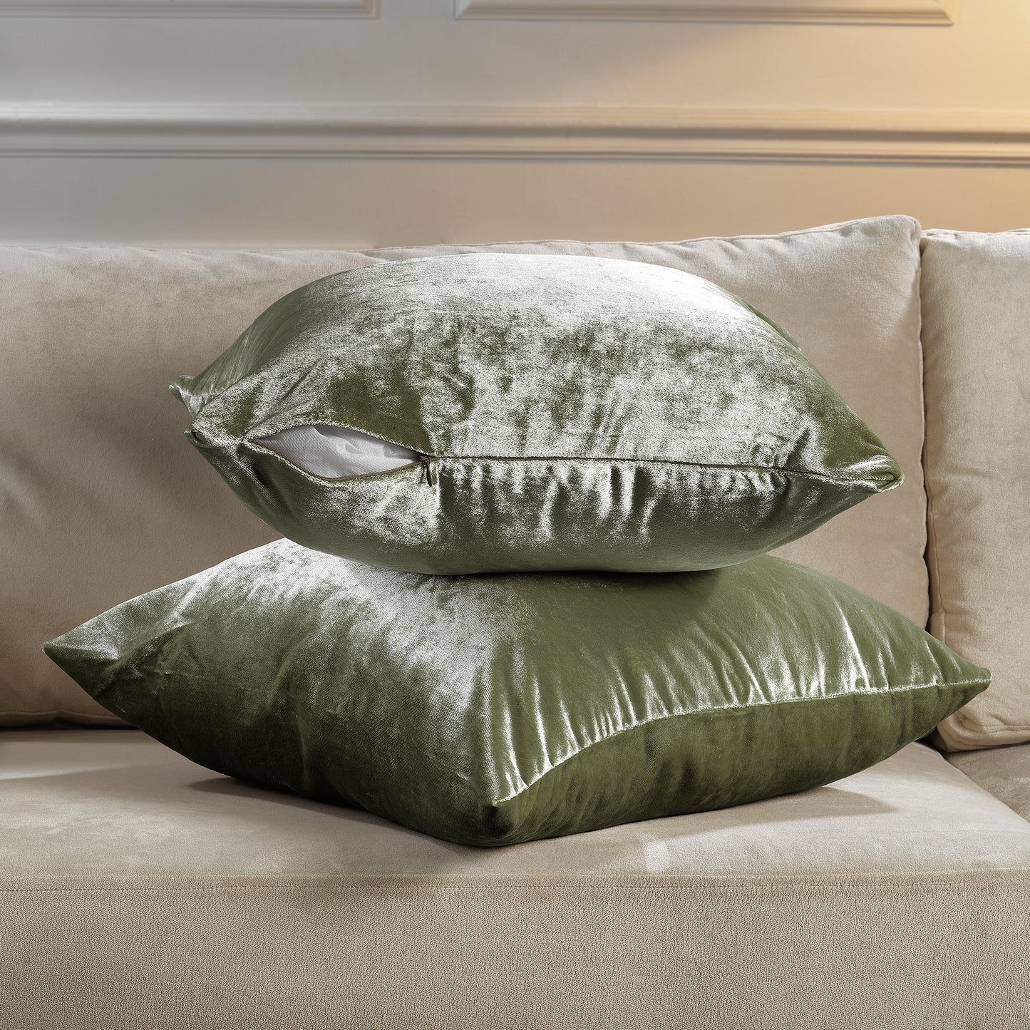 Shiny Velvet Cushion Covers Set of 2 Hidden Zipper - Olive Green