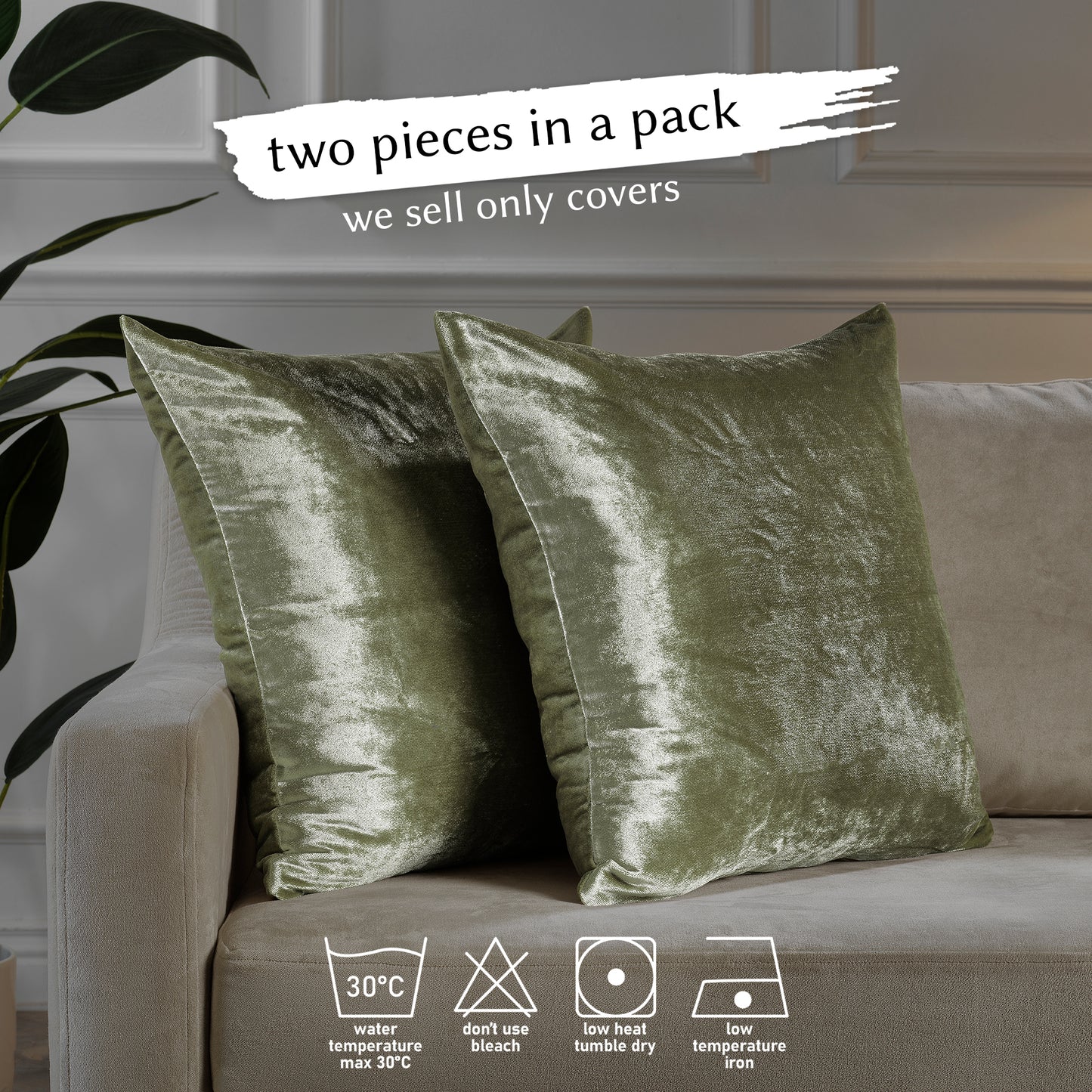 Shiny Velvet Cushion Covers Set of 2 Hidden Zipper - Olive Green