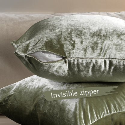 Shiny Velvet Cushion Covers Set of 2 Hidden Zipper - Olive Green