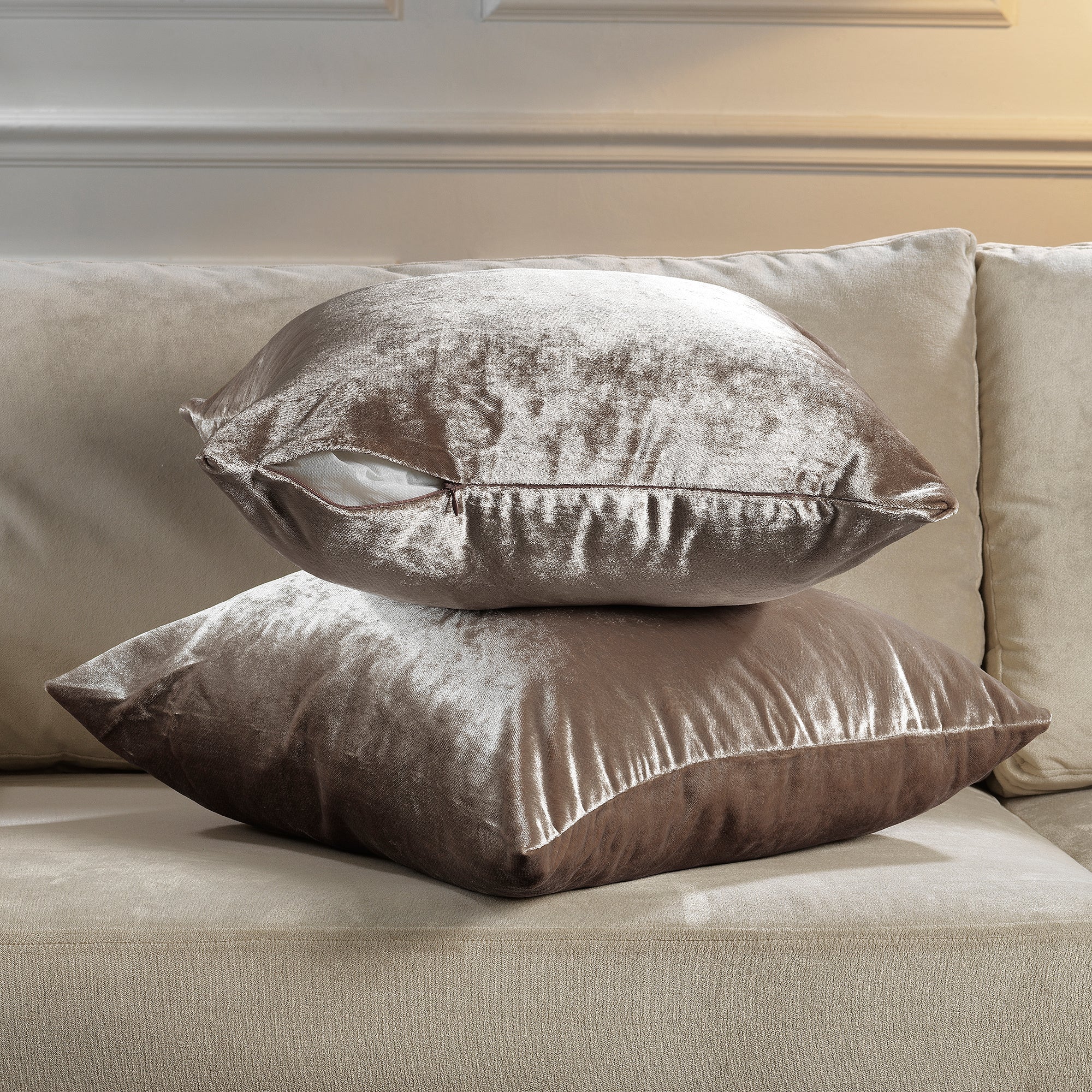 Shiny Velvet Cushion Covers Set of 2 Hidden Zipper - Rice