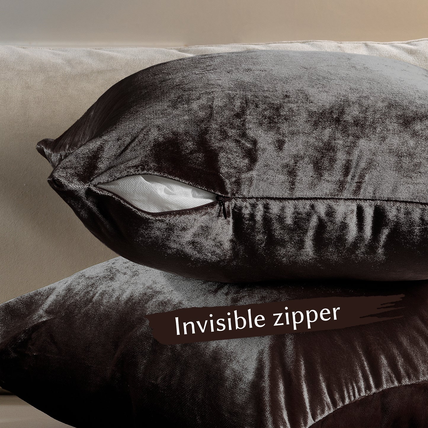 Shiny Velvet Cushion Covers Set of 2 Hidden Zipper - Mocha