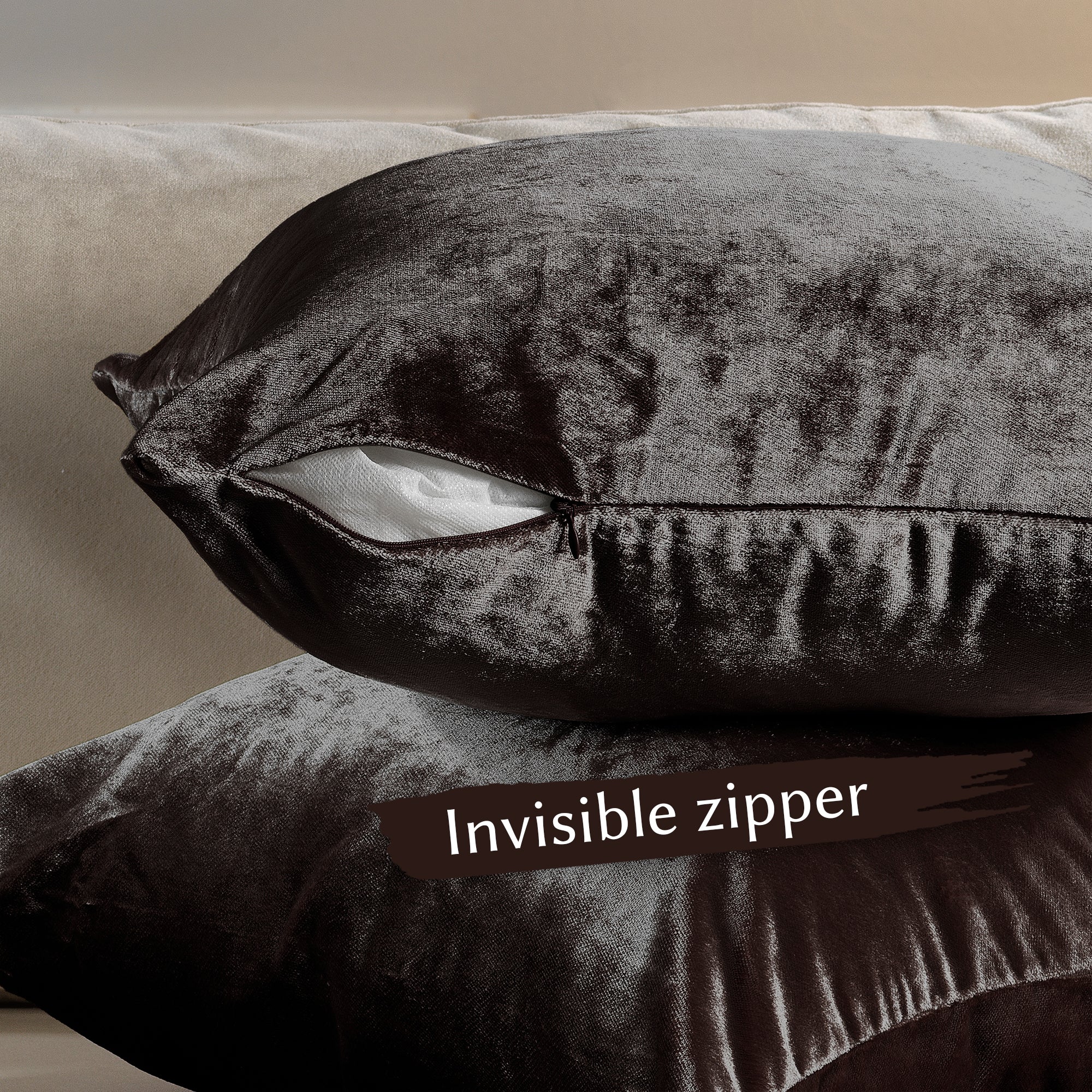 Shiny Velvet Cushion Covers Set of 2 Hidden Zipper - Mocha