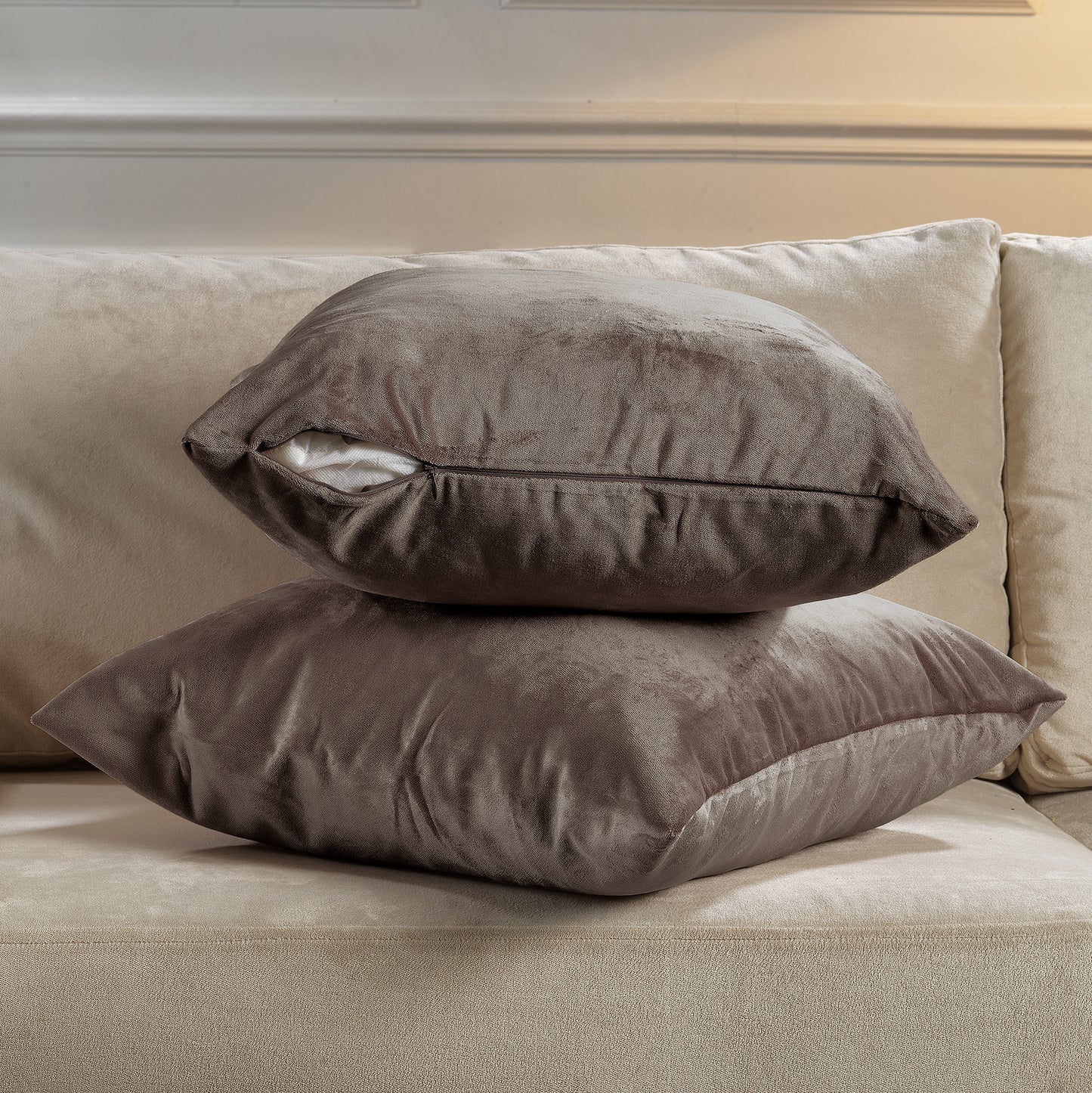 Matte Velvet Cushion Covers Set of 2 Hidden Zipper - Cappuccino