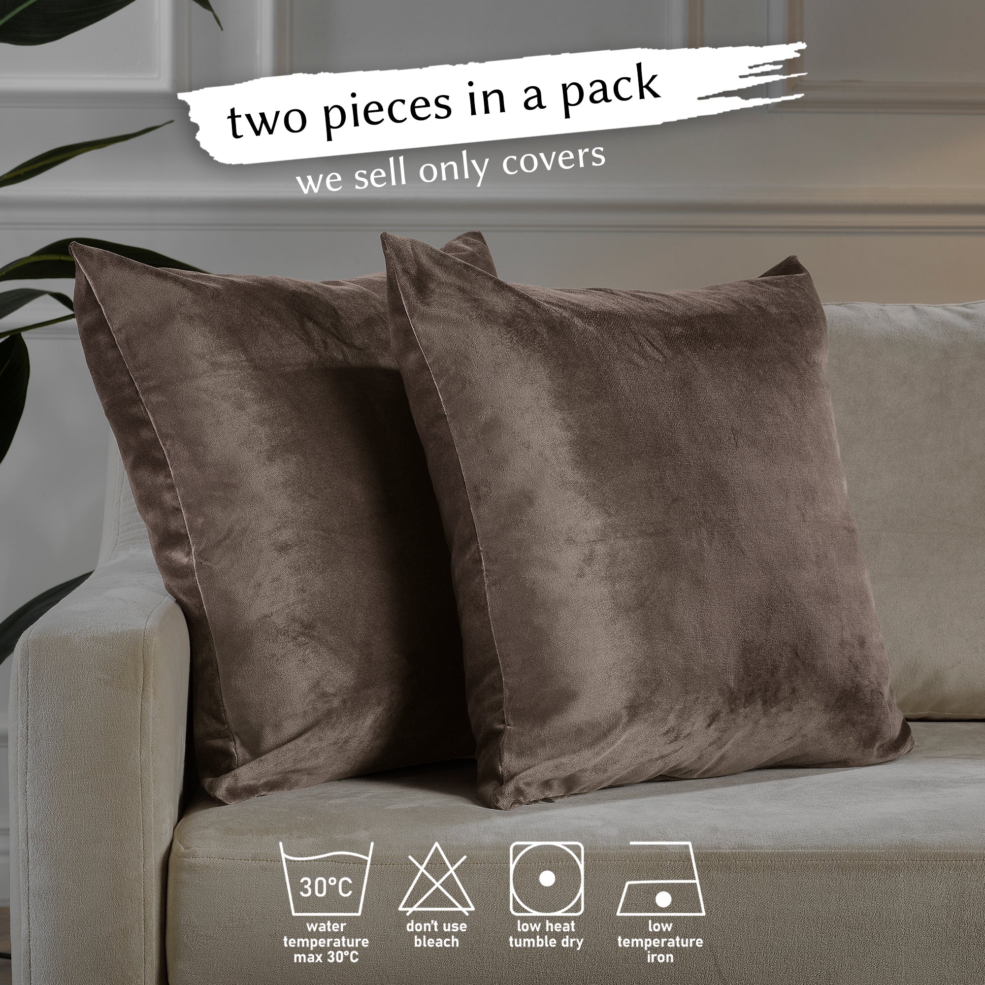 Matte Velvet Cushion Covers Set of 2 Hidden Zipper - Brown
