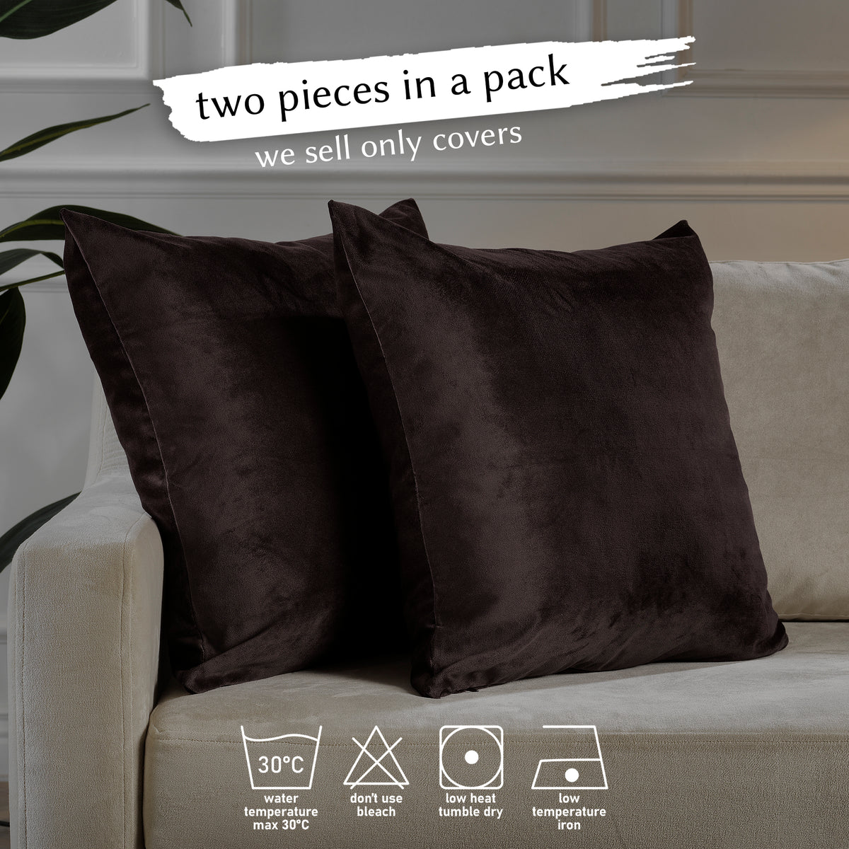 Matte Velvet Cushion Covers Set of 2 Hidden Zipper - Dark Brown