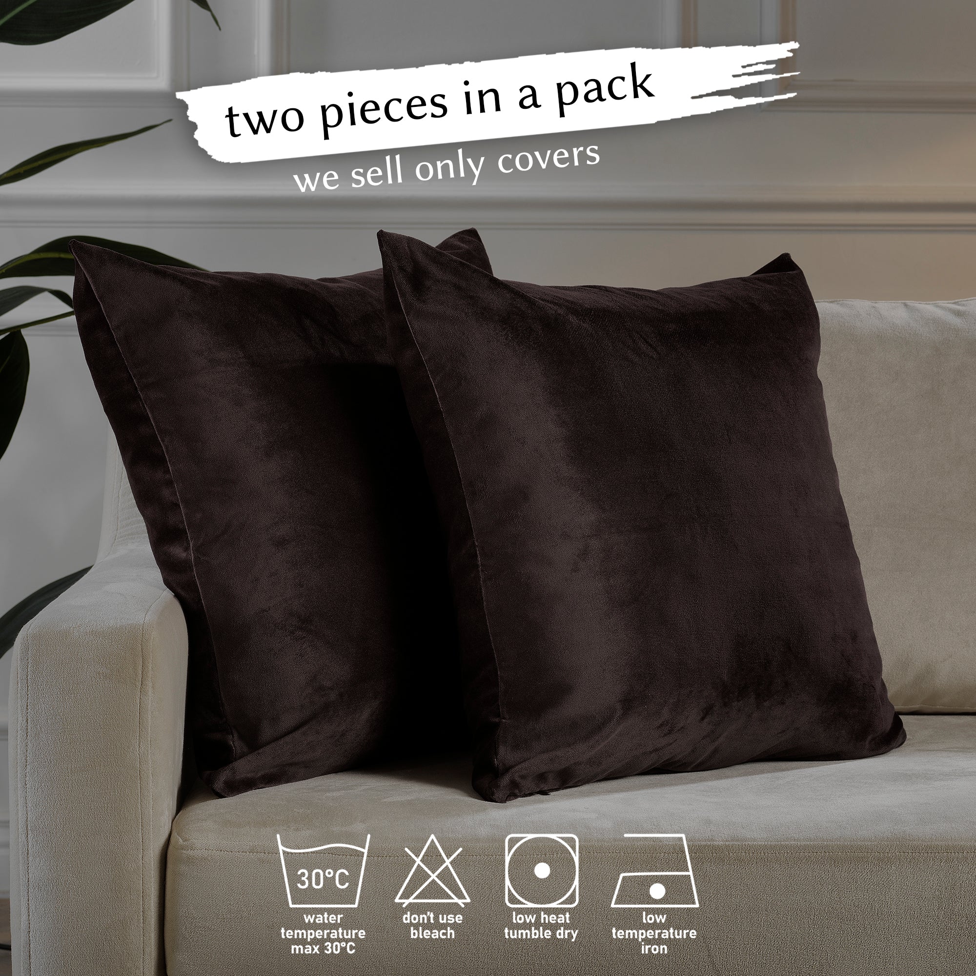 Matte Velvet Cushion Covers Set of 2 Hidden Zipper - Dark Brown