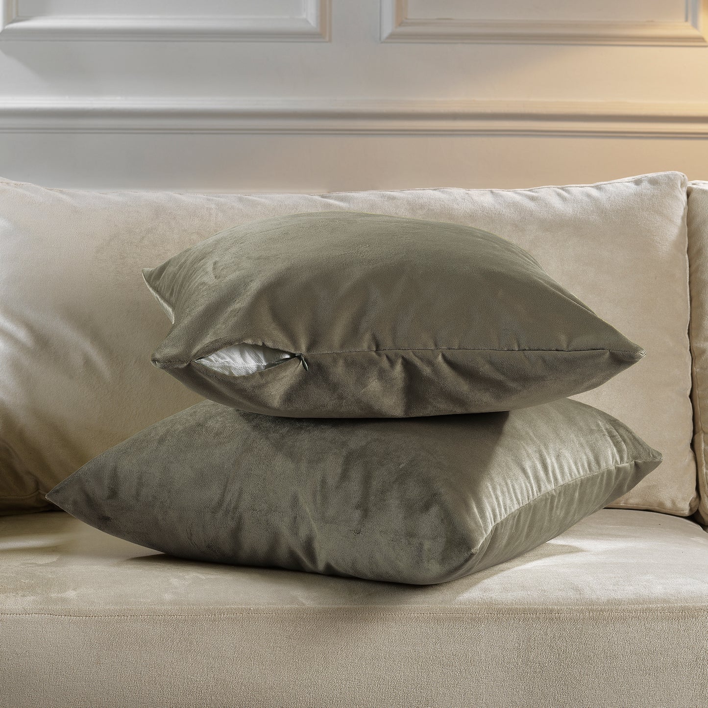 Matte Velvet Cushion Covers Set of 2 Hidden Zipper - Khaki Green