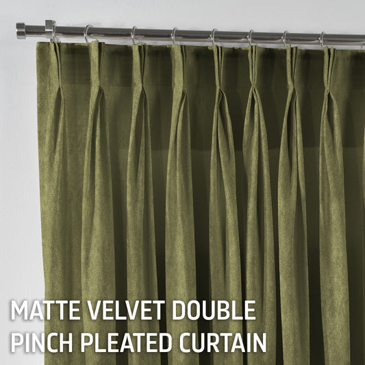 Matte Velvet Pinch Pleated Curtain Single Panel - Olive