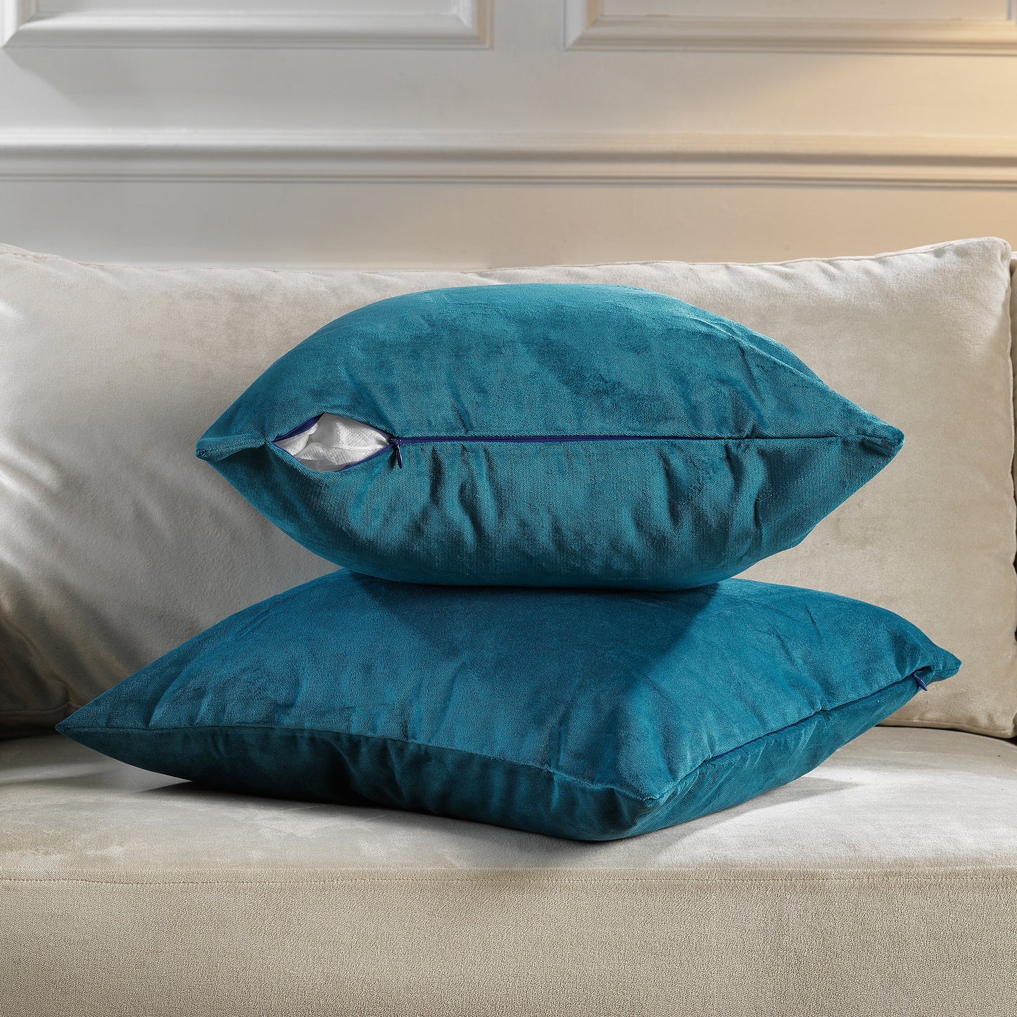 Matte Velvet Cushion Covers Set of 2 Hidden Zipper - Teal Blue
