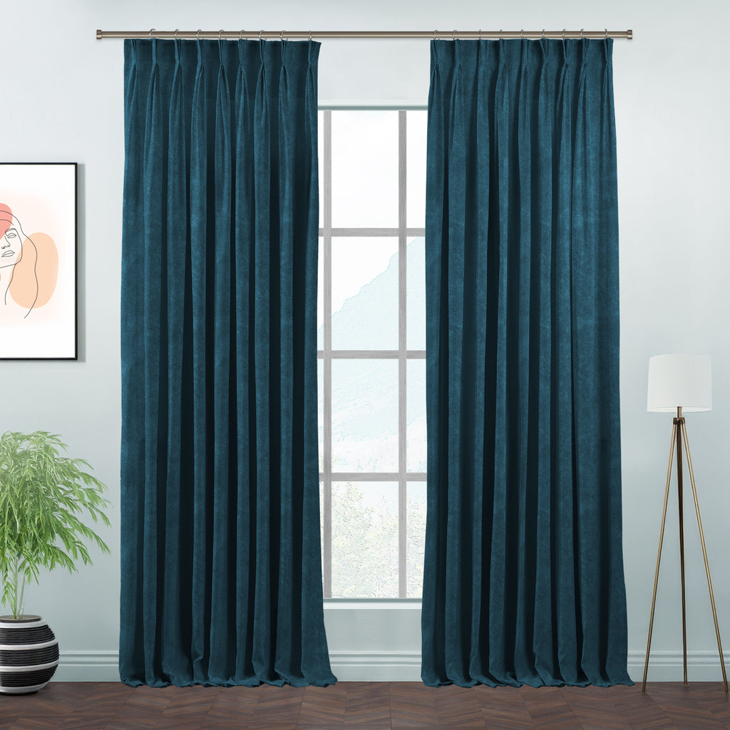 Matte Velvet Pinch Pleated Curtain Single Panel - Teal Blue