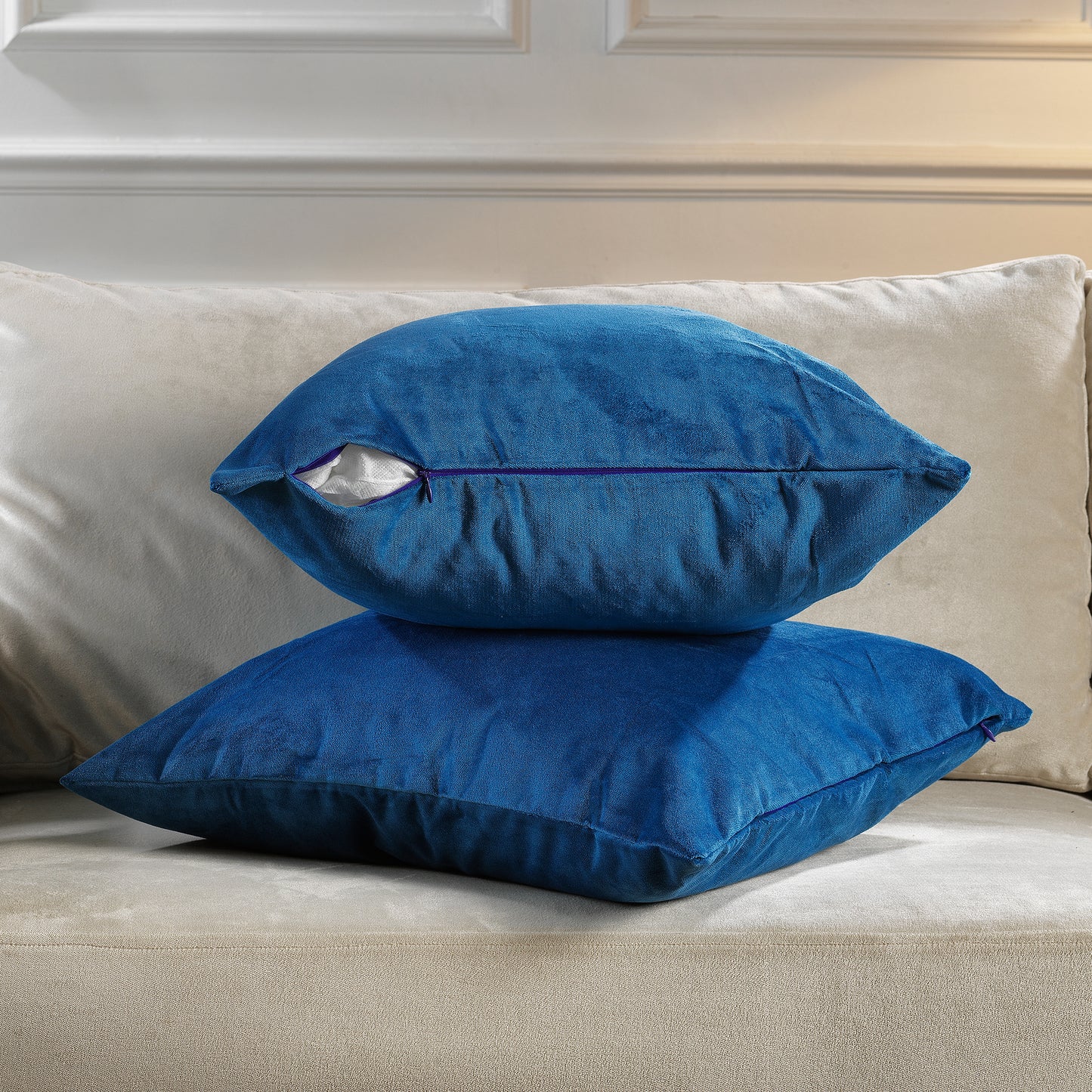 Matte Velvet Cushion Covers Set of 2 Hidden Zipper - Blue