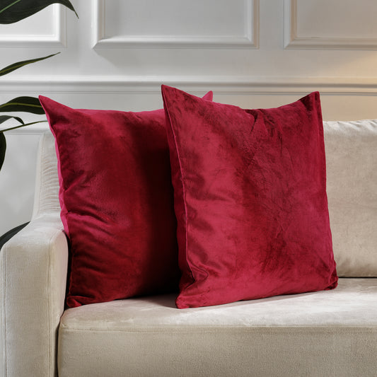 Matte Velvet Cushion Covers Set of 2 Hidden Zipper - Bright Maroon
