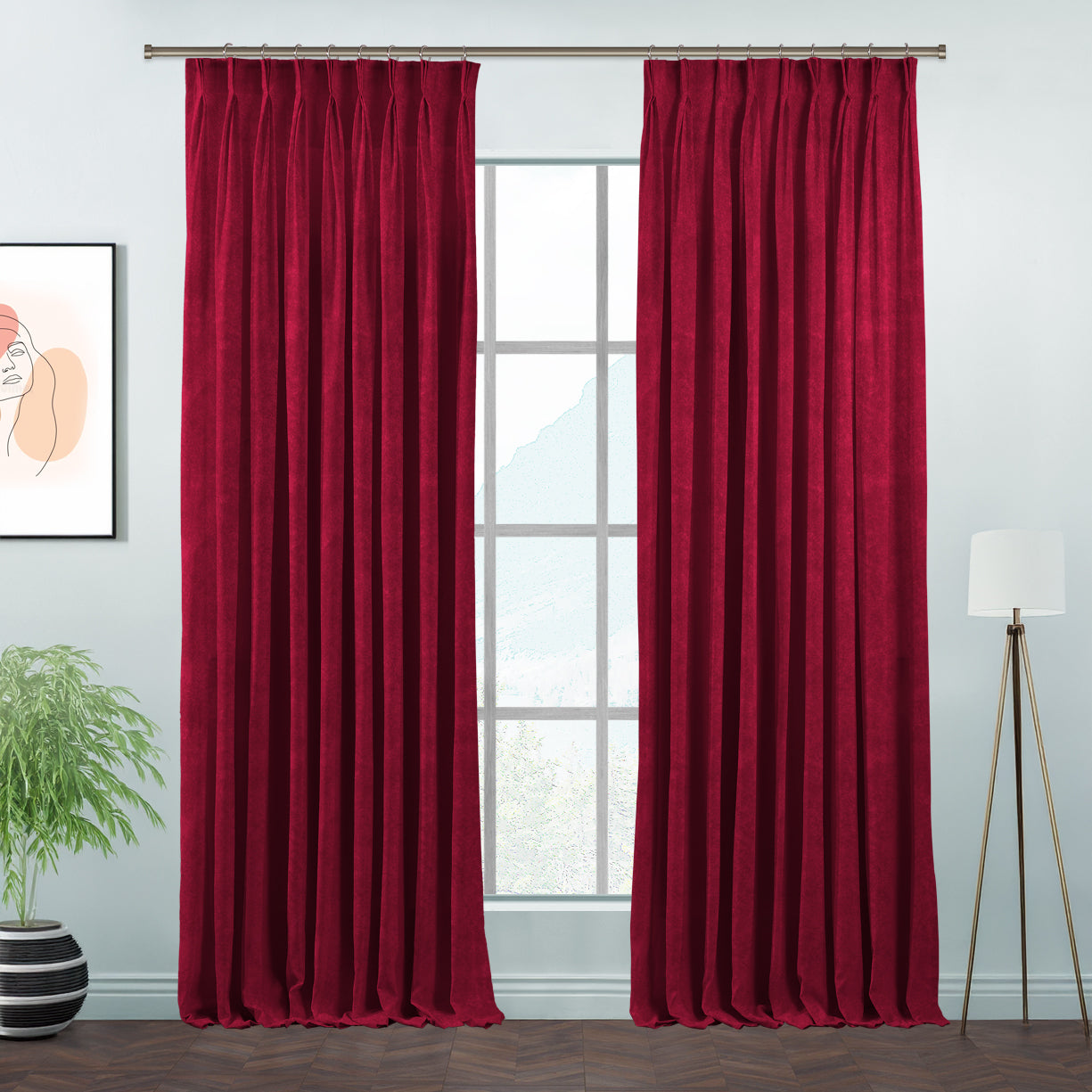 Matte Velvet Pinch Pleated Curtain Single Panel - Bright Maroon