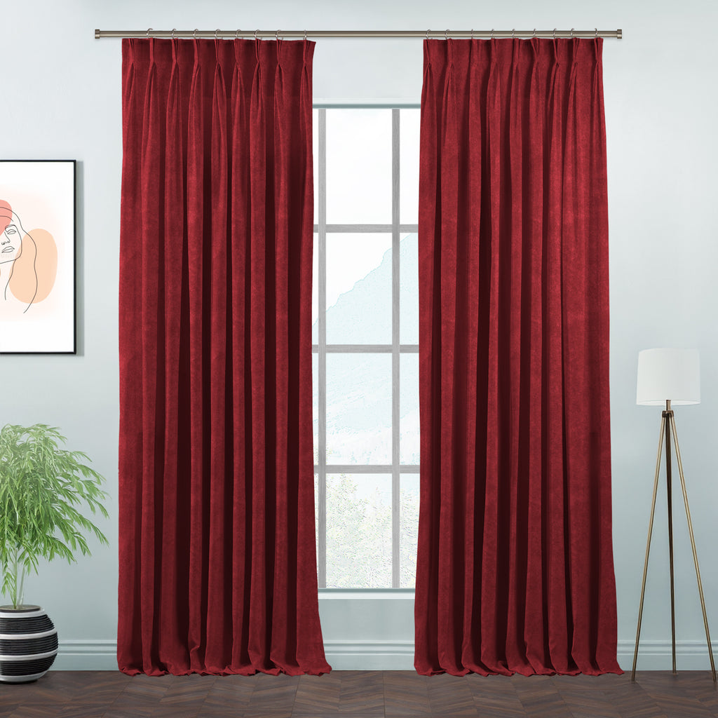 Matte Velvet Pinch Pleated Curtain Single Panel - Barn Red