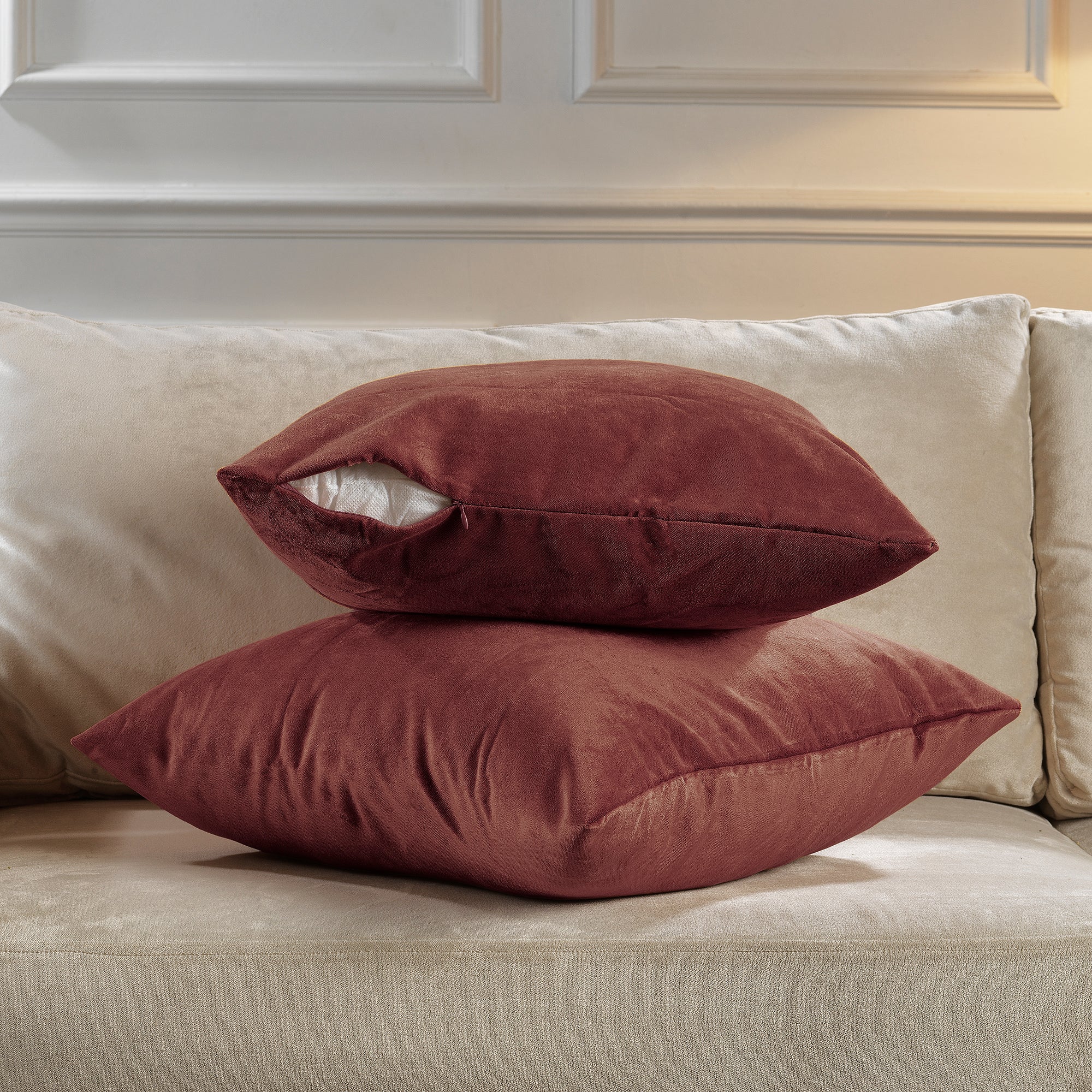 Matte Velvet Cushion Covers Set of 2 Hidden Zipper - Brick Red