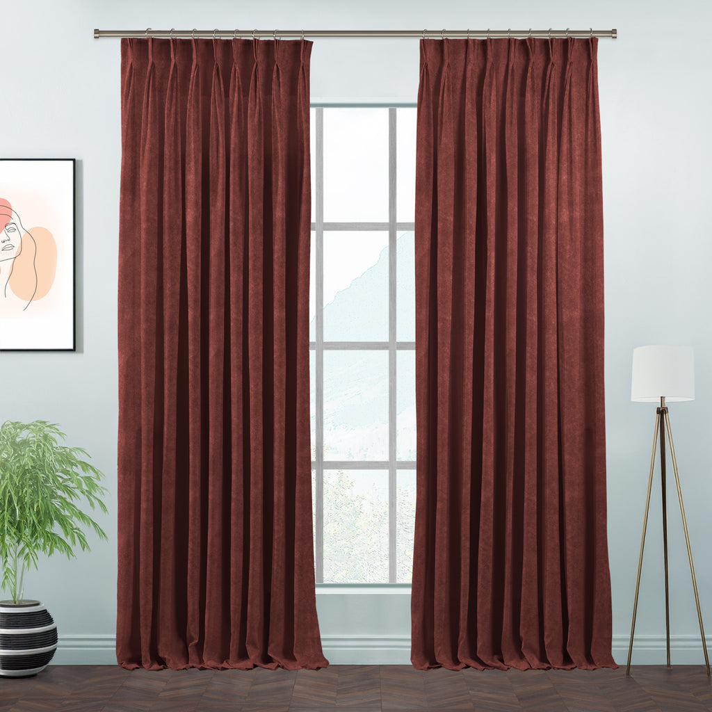 Matte Velvet Pinch Pleated Curtain Single Panel - Brick Red