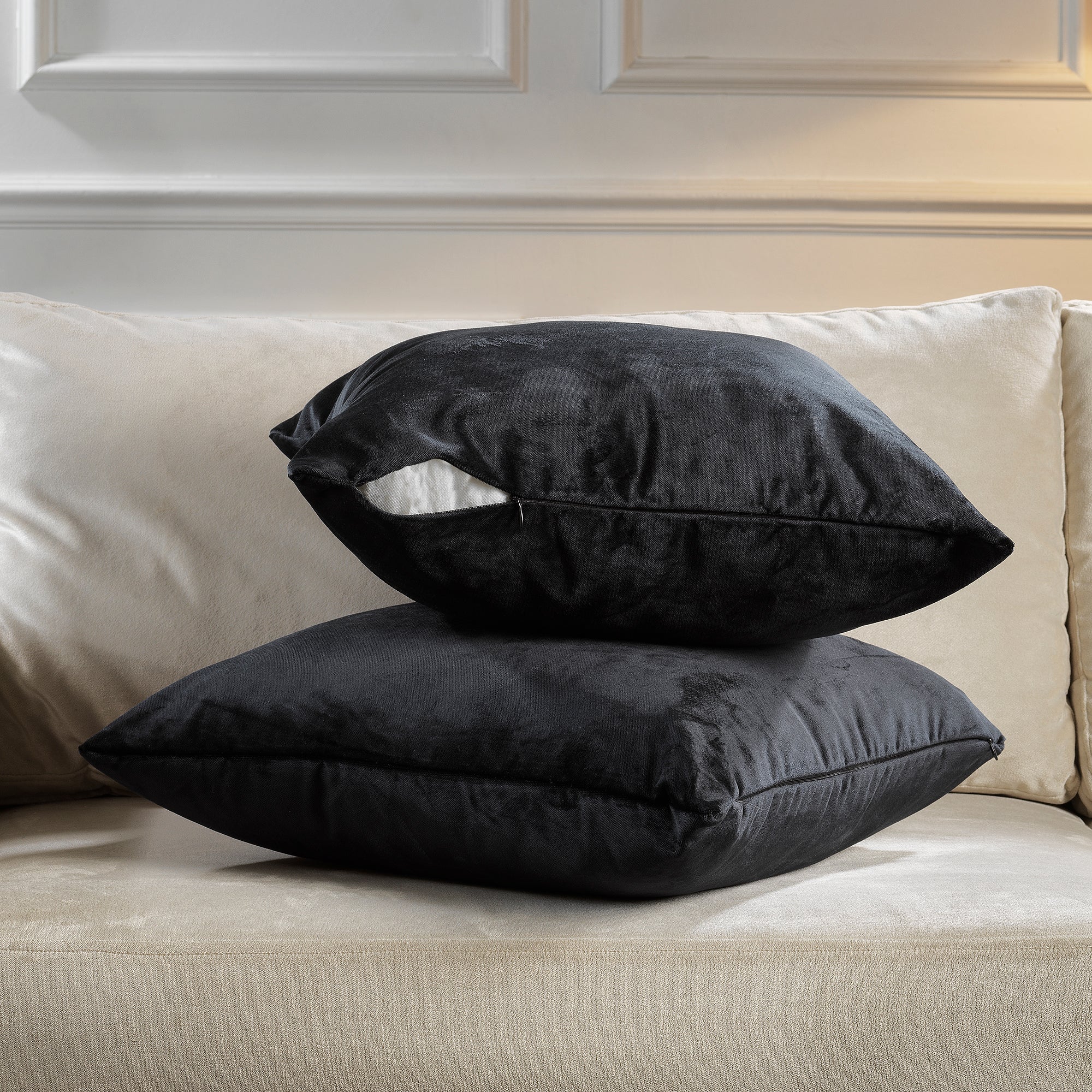 Matte Velvet Cushion Covers Set of 2 Hidden Zipper - Black