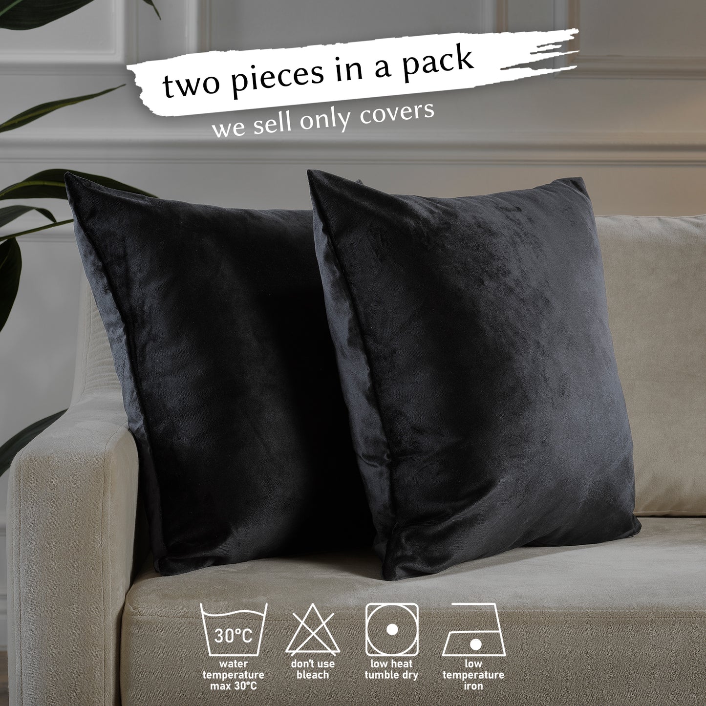 Matte Velvet Cushion Covers Set of 2 Hidden Zipper - Black
